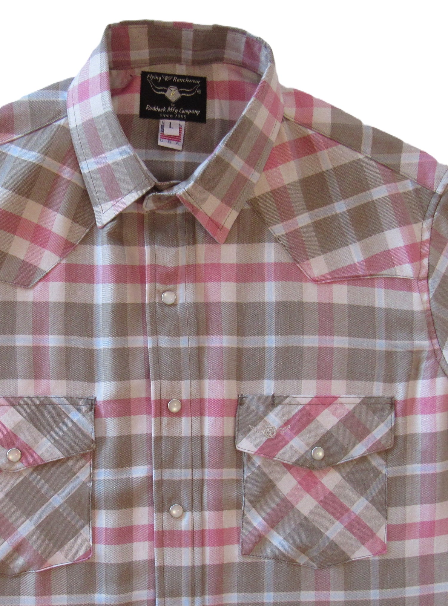 Olive and Coral Primo Plaid short sleeve snap shirt by Flying R Ranchwear Made in USA ~ American Made Ruddock Shirts