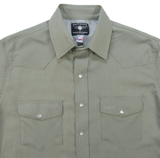 Olive Solid long sleeve snap shirt by Flying R Ranchwear Made in USA ~ American Made Ruddock Shirts