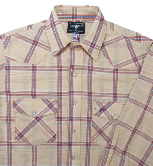 Pale Orange Plaid long sleeve snap shirt by Flying R Ranchwear Made in USA ~ American Made Ruddock Shirts