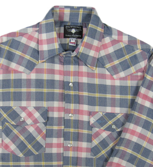 Denim Blue and Coral Primo Plaid long sleeve snap shirt by Flying R Ranchwear Made in USA ~ American Made Ruddock Shirts