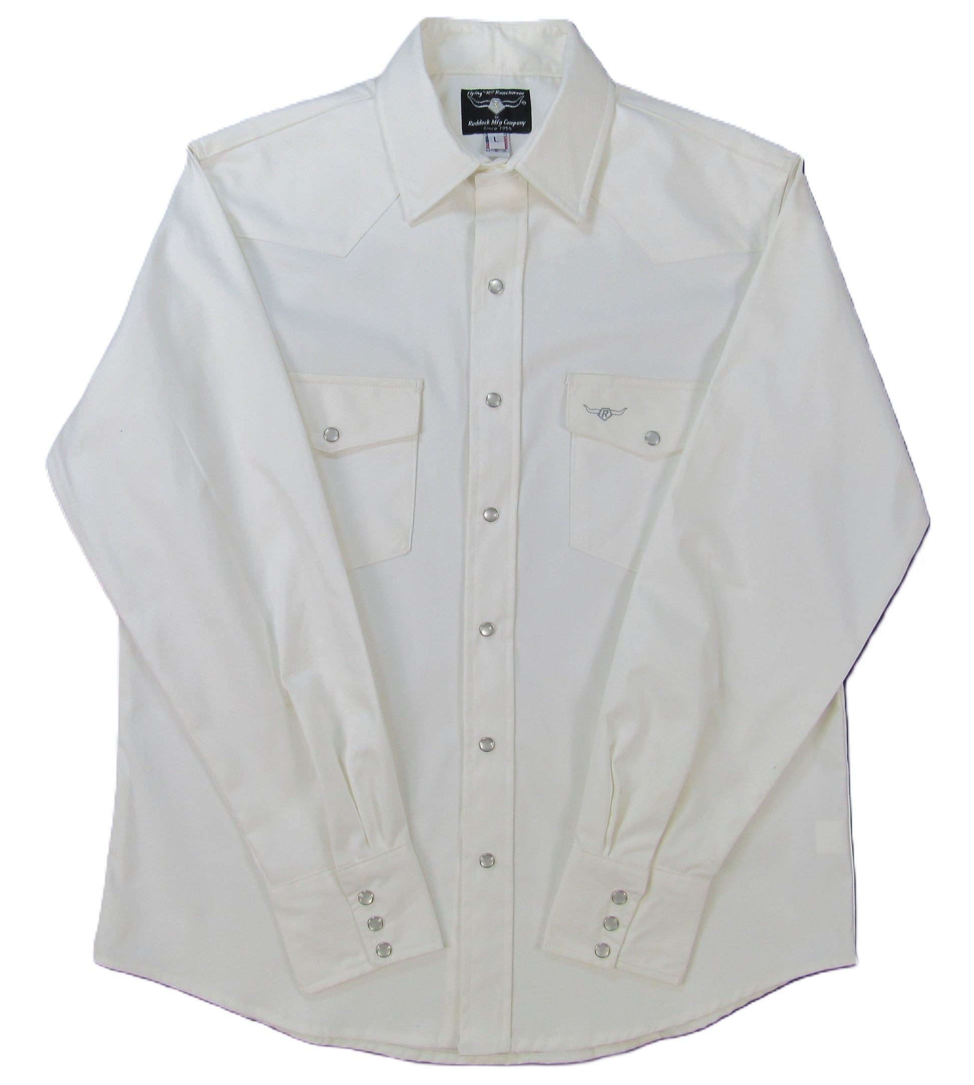White oxford long sleeve snap shirt by Flying R Ranchwear Made in USA ~ American Made Ruddock Shirts