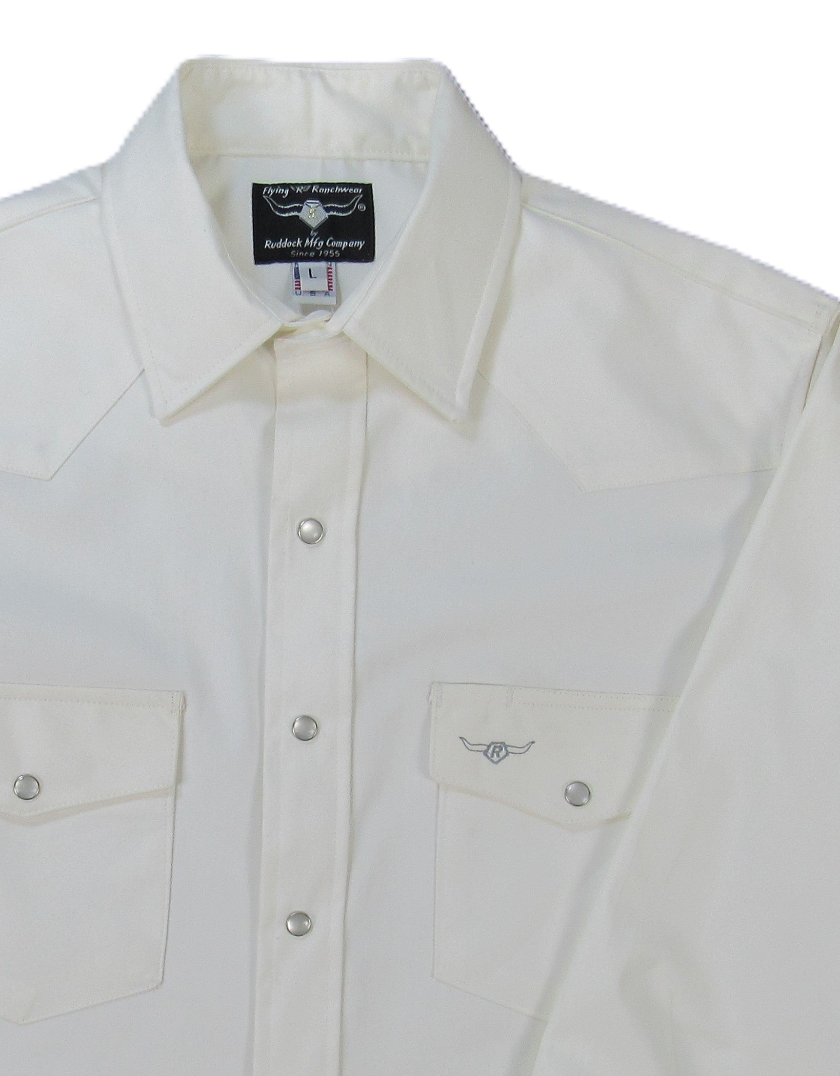 White oxford long sleeve snap shirt by Flying R Ranchwear Made in USA ~ American Made Ruddock Shirts