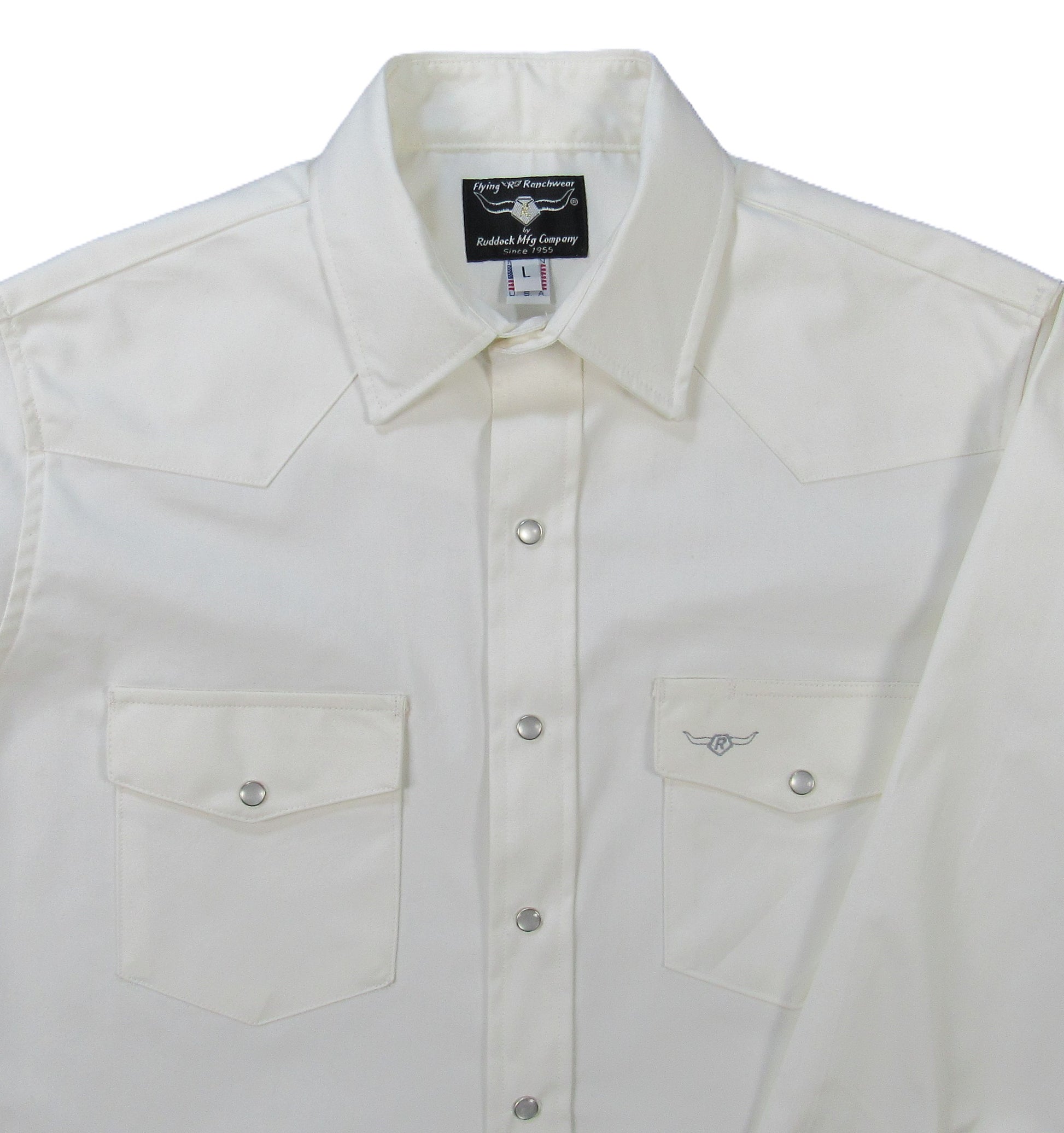 White oxford long sleeve snap shirt by Flying R Ranchwear Made in USA ~ American Made Ruddock Shirts