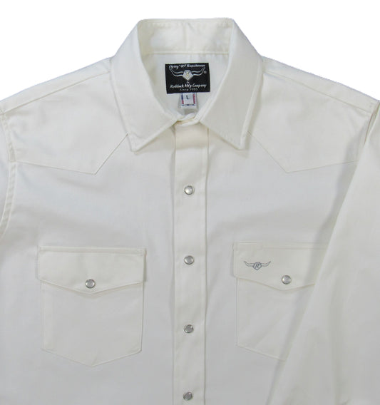 White oxford long sleeve snap shirt by Flying R Ranchwear Made in USA ~ American Made Ruddock Shirts