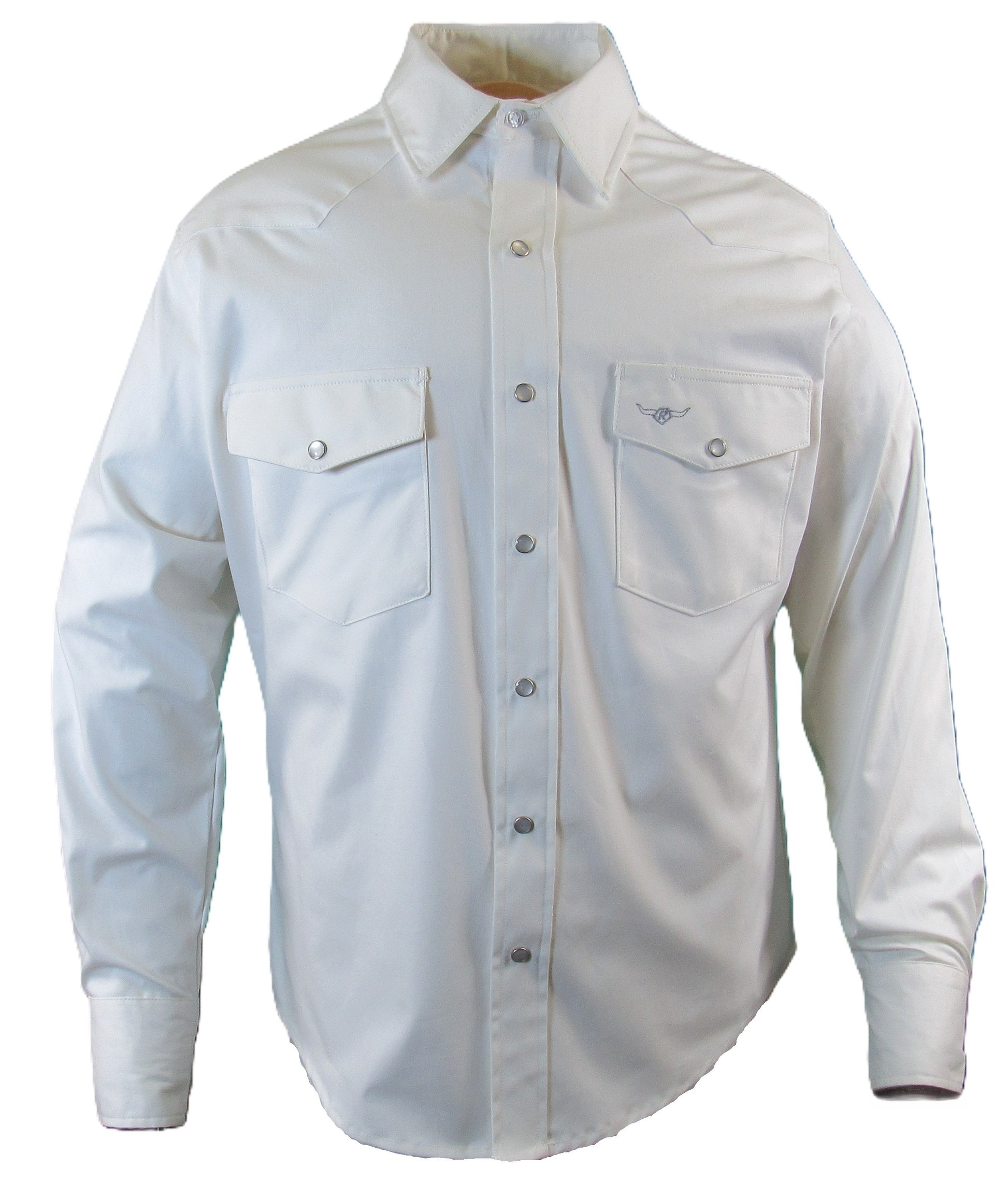 White oxford long sleeve snap shirt by Flying R Ranchwear Made in USA ~ American Made Ruddock Shirts