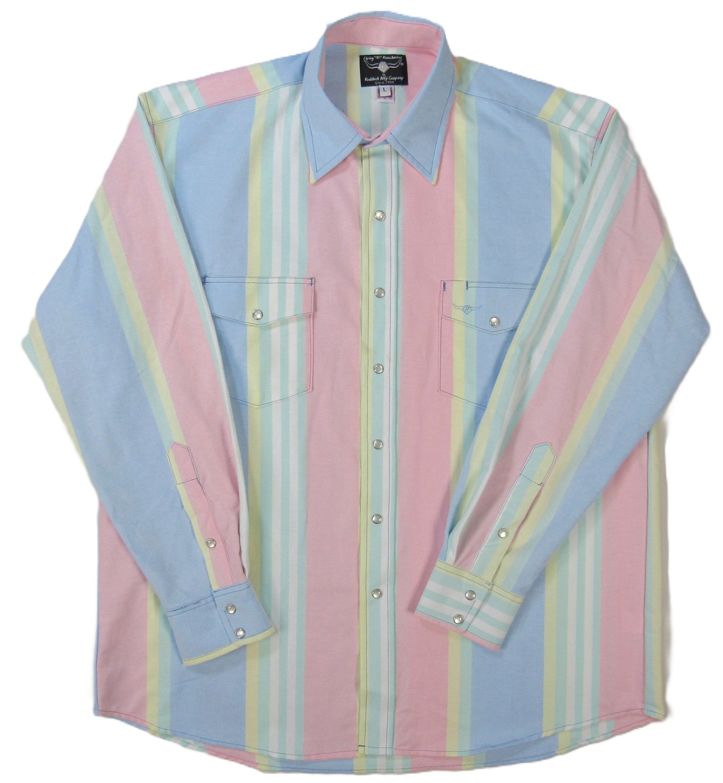 Pastel striped shirt with a collar on a white background by Flying R Ranchwear Ruddock Shirts El Paso Texas Made in USA