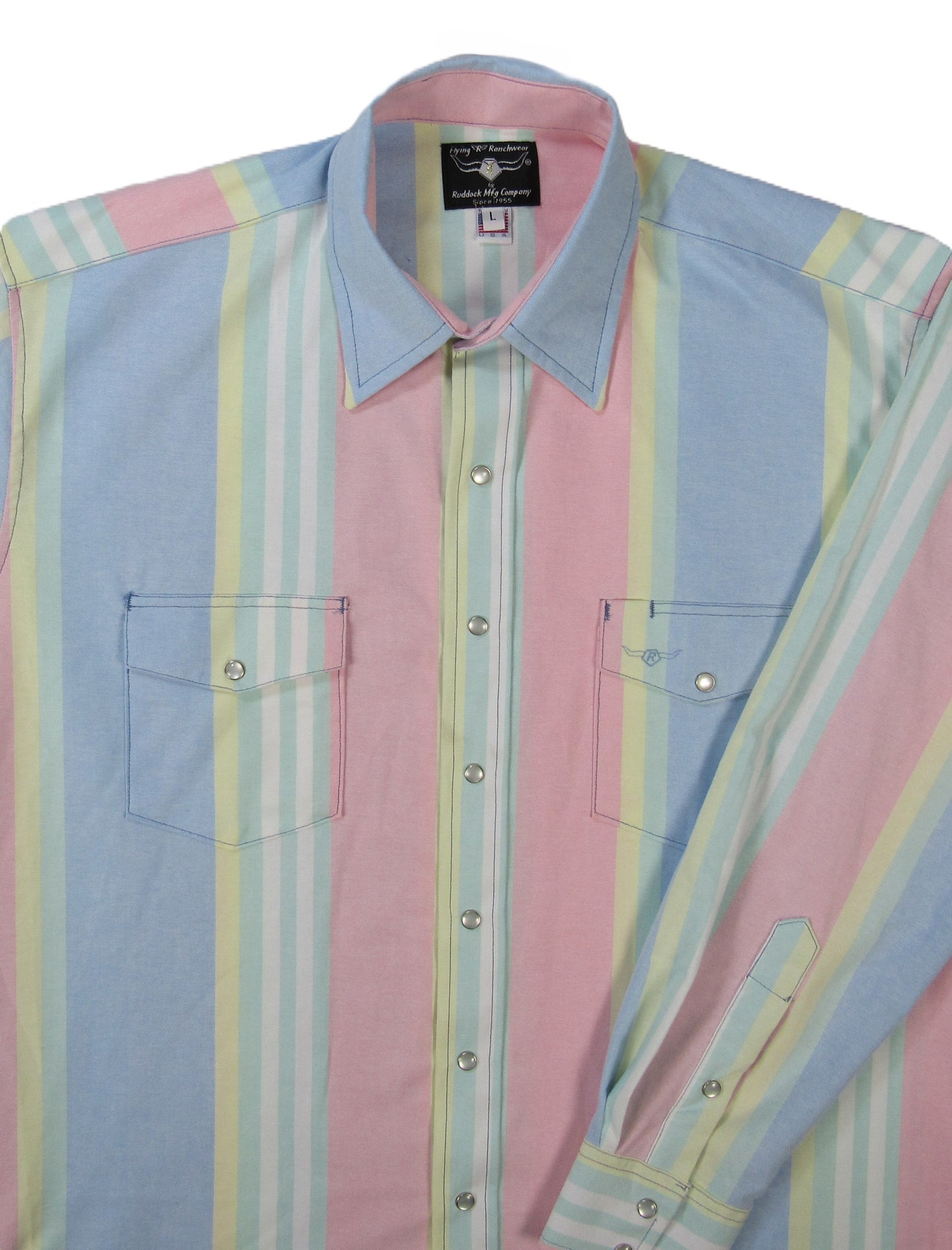 Pastel striped shirt with a collar on a white background by Flying R Ranchwear Ruddock Shirts El Paso Texas Made in USA