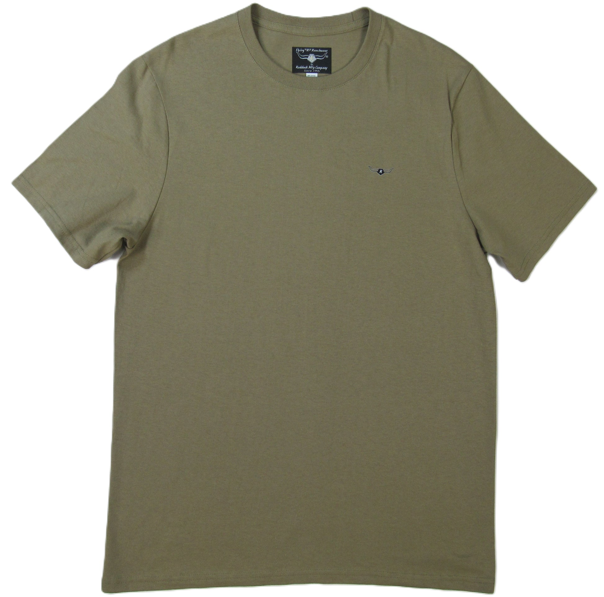 Tan t-shirt with a small logo on a white background by Ruddock Shirts Made in USA El Paso TX