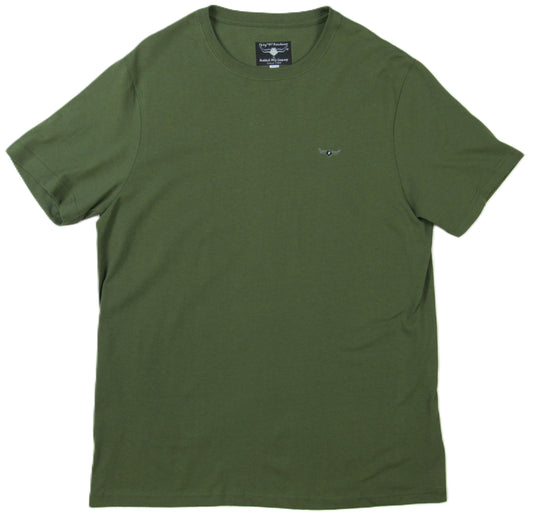 Olive green t-shirt with a small logo on a white background by Ruddock Shirts Made in USA El Paso TX