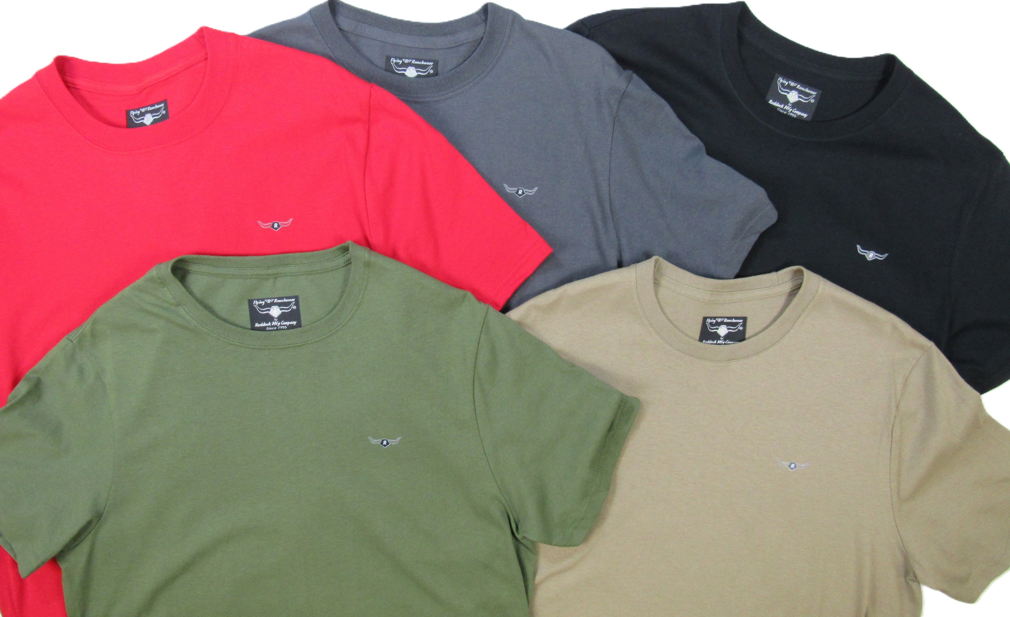 Made in USA t-shirts in red, gray, black, green, and beige with a brand logo on a white background by Ruddock Shirts Flying R Ranchwear