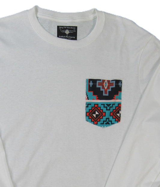 Flying R Ranchwear - White with Southwest Print - Long Sleeve - Pocket T-shirt - Made in USA