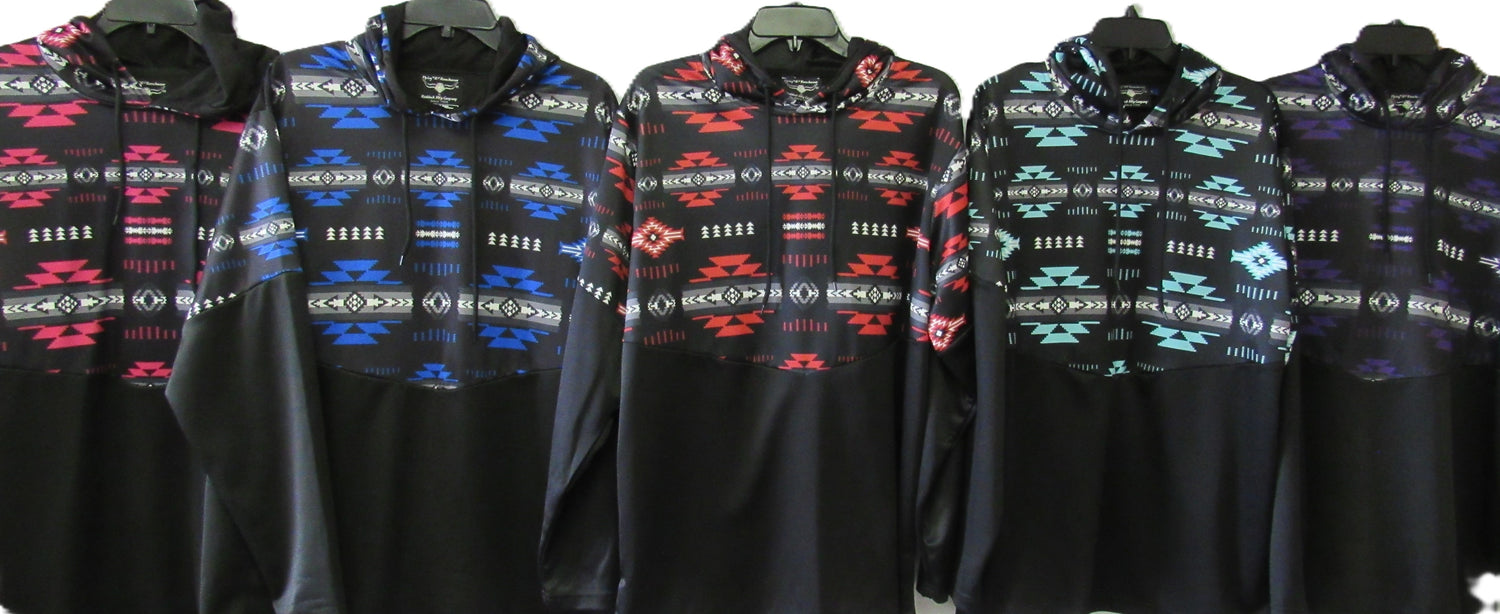 Performance hoodies with southwest print design in black and bold colors