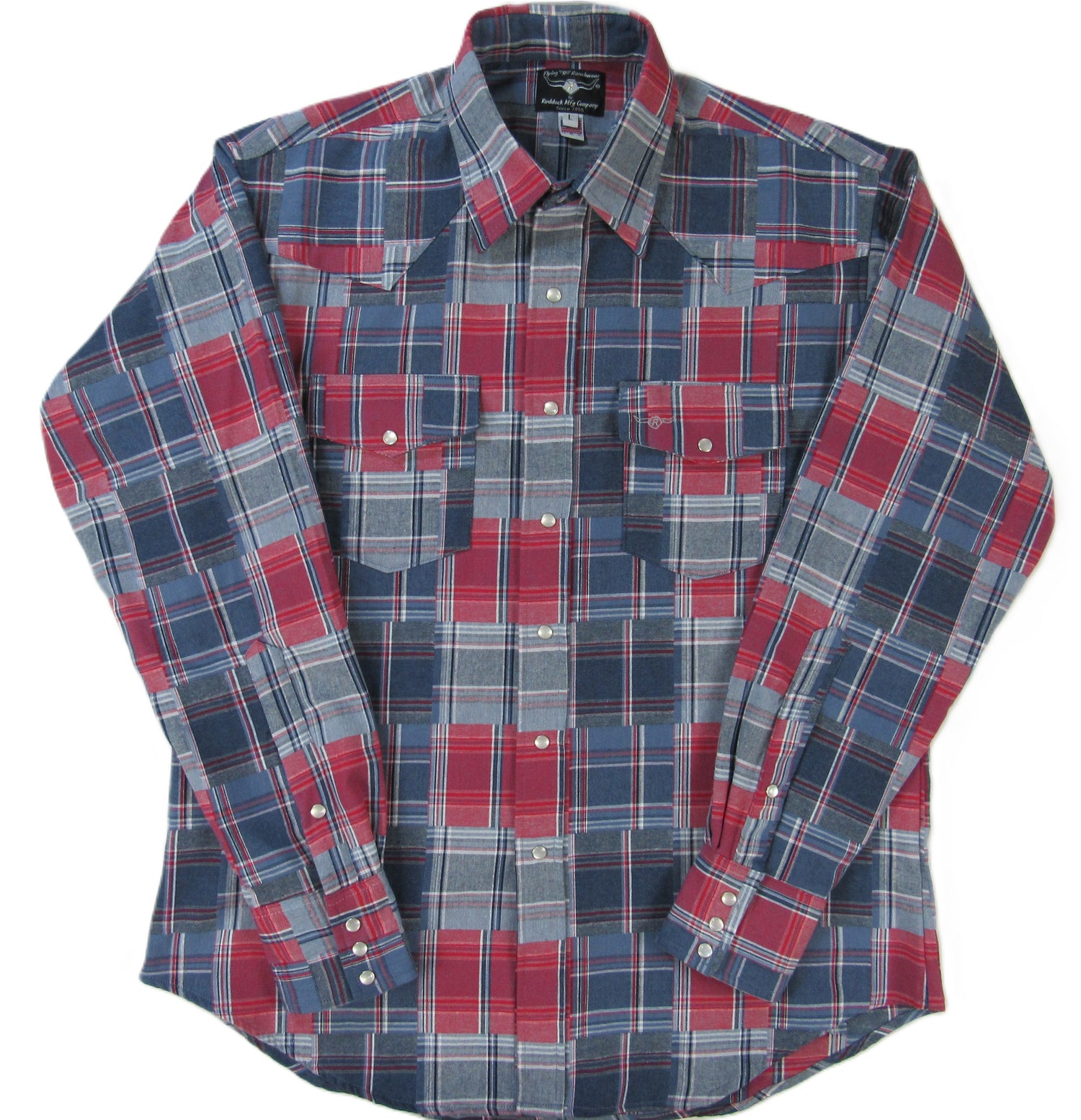 Flying R Ranchwear patchwork plaid red and blue Made in USA with snaps and pockets Made in Texas