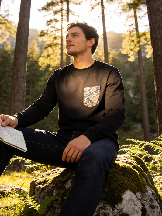 Flying R Ranchwear - Black with Paisley Print - Long Sleeve - Pocket T-shirt - Made in USA