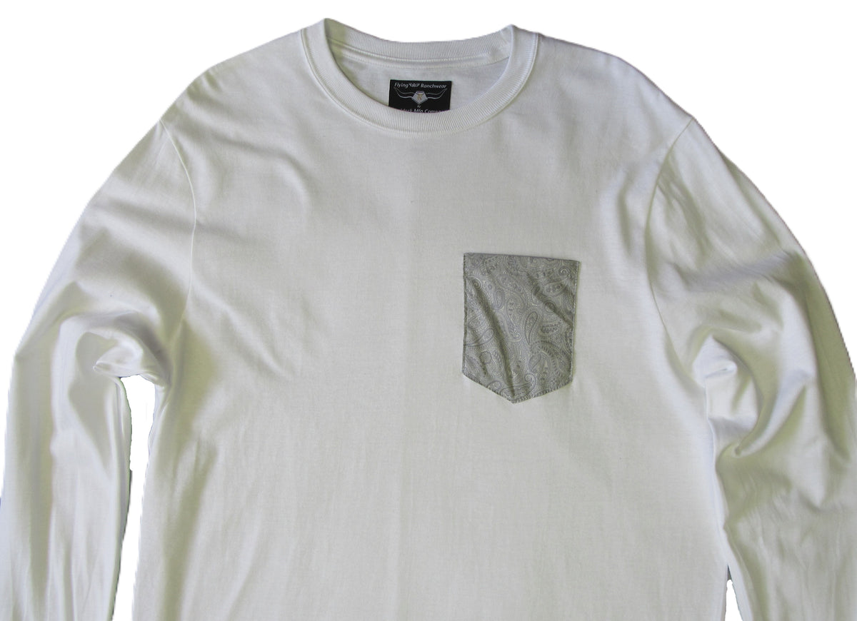 Flying R Ranchwear - White with Paisley Print - Long Sleeve - Pocket T-shirt - Made in USA