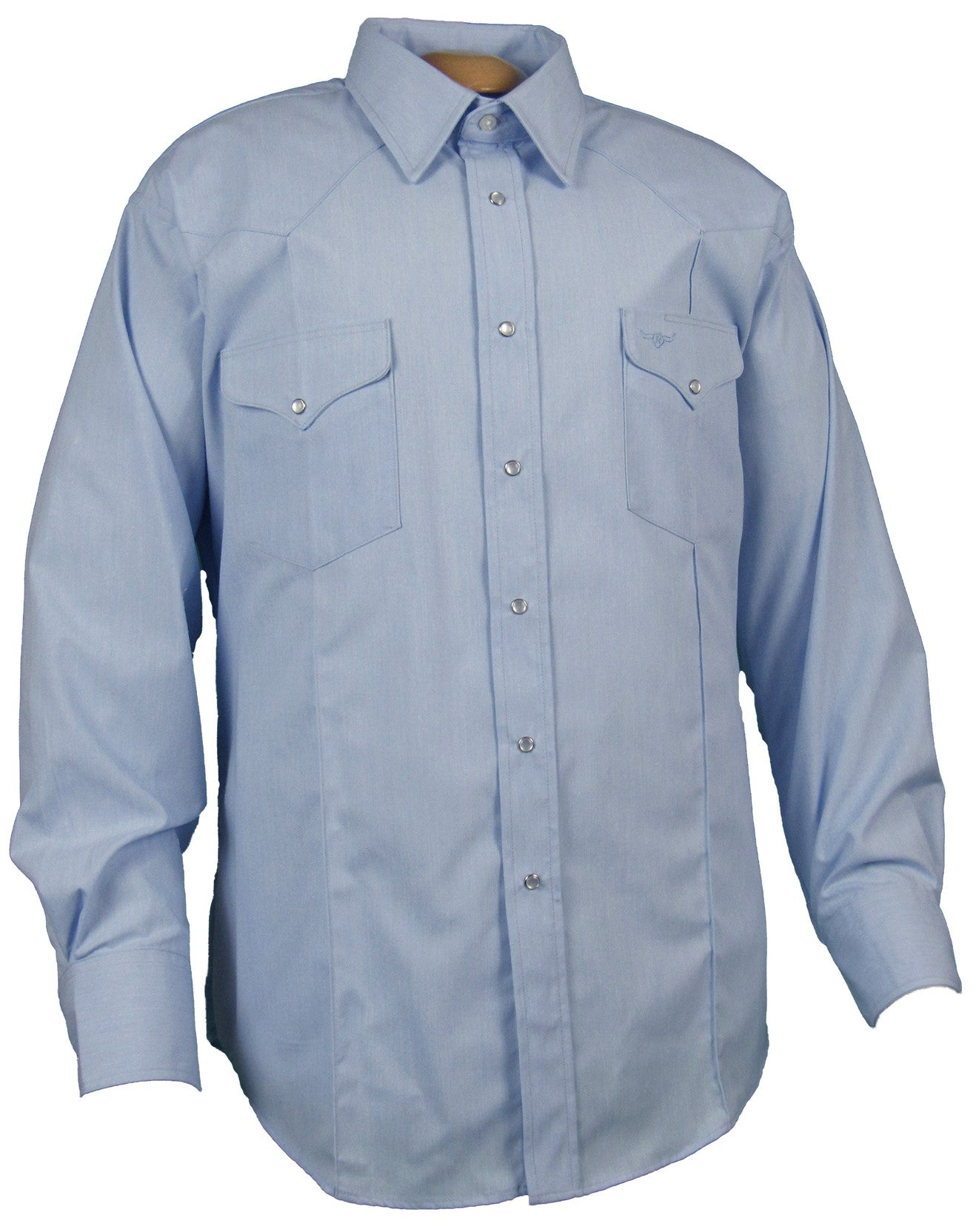 Flying R Ranchwear Rancher Crease shirt in Light Blue Made in USA with snaps and wool polyester blend by Ruddock Shirts El Paso Texas