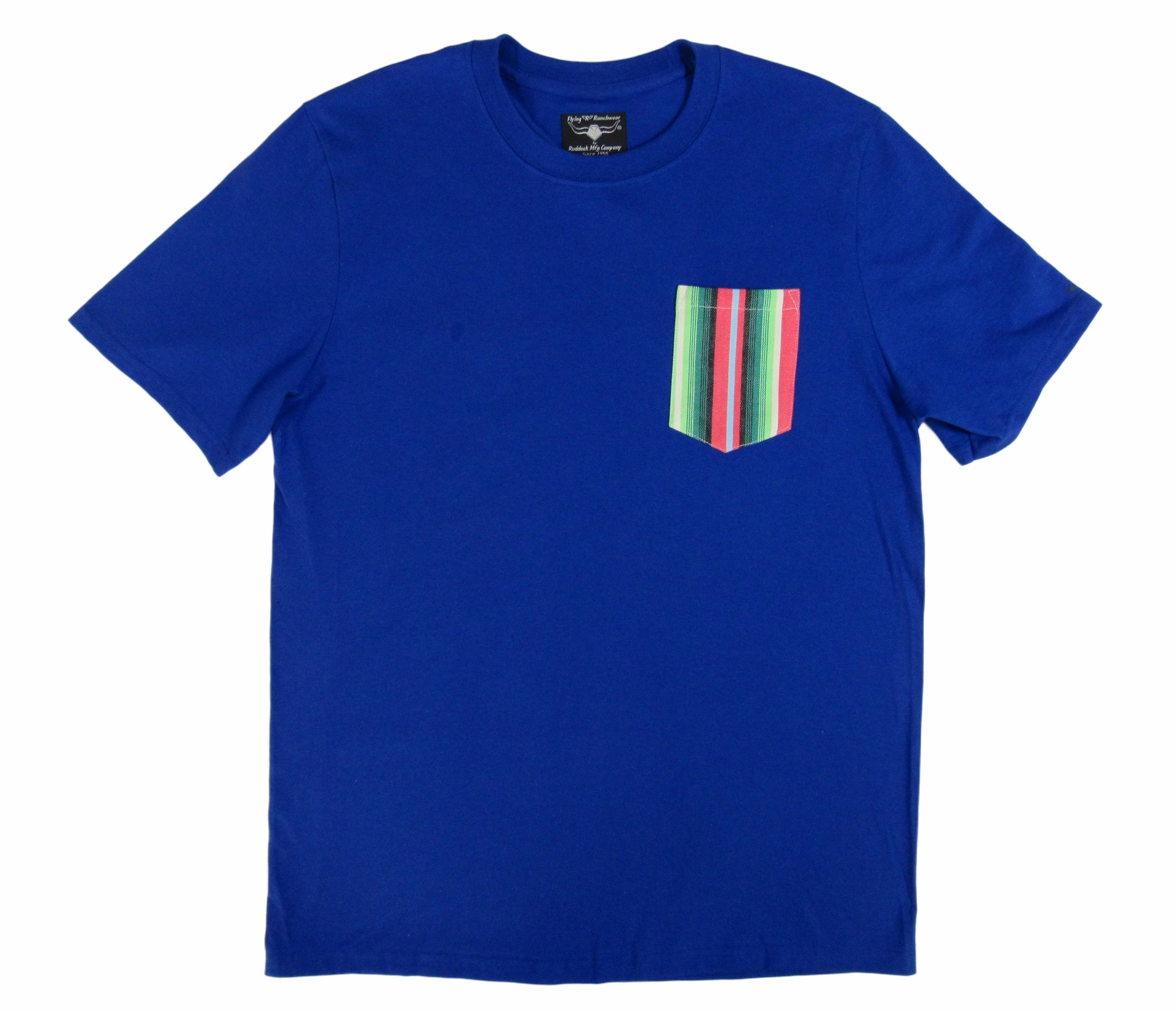 Royal Blue made in USA t shirt with baja stripe print on pocket Flying R Ranchwear Ruddock Shirts