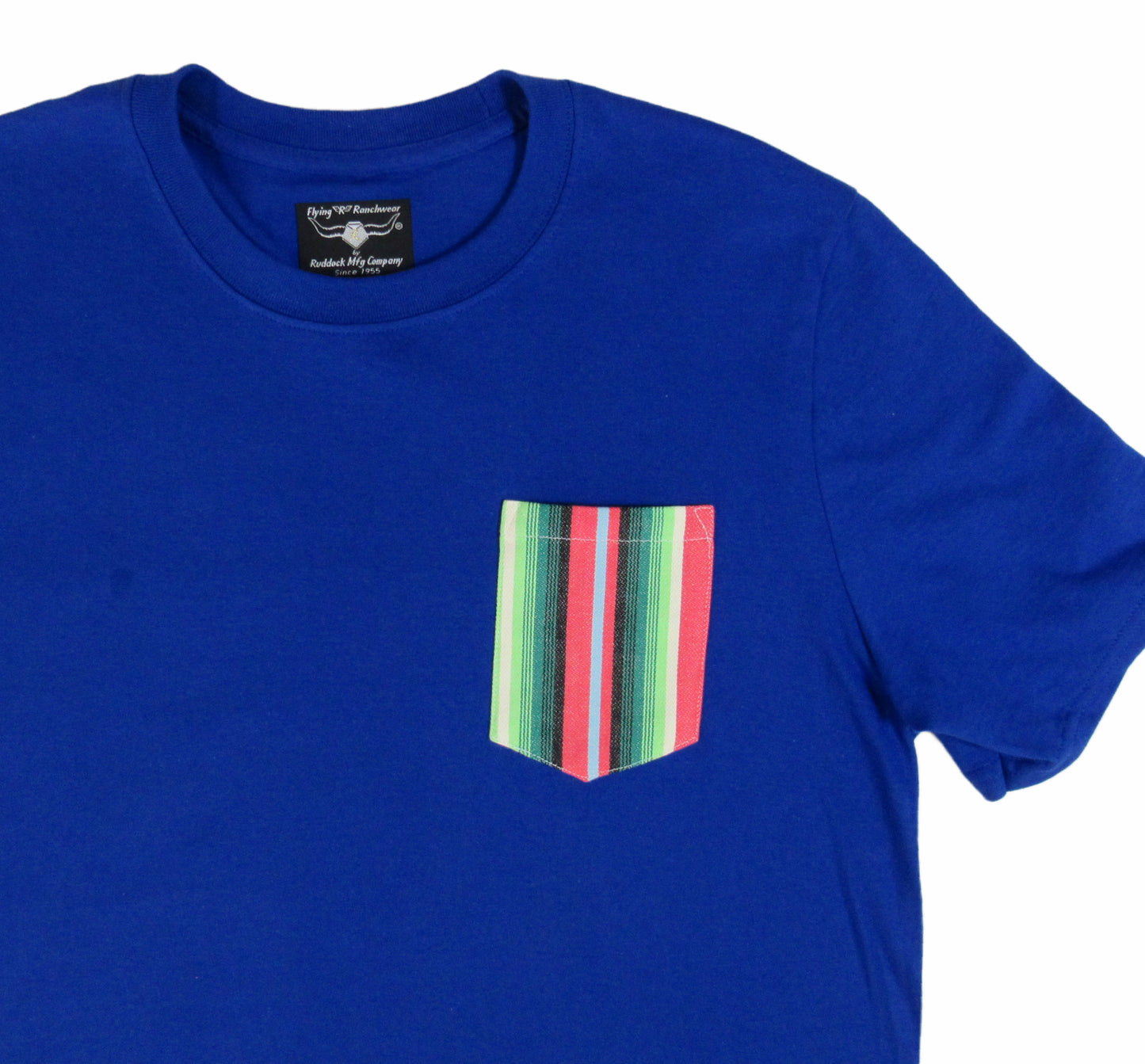 Royal Blue made in USA t shirt with baja print on pocket Flying R Ranchwear Ruddock Shirts
