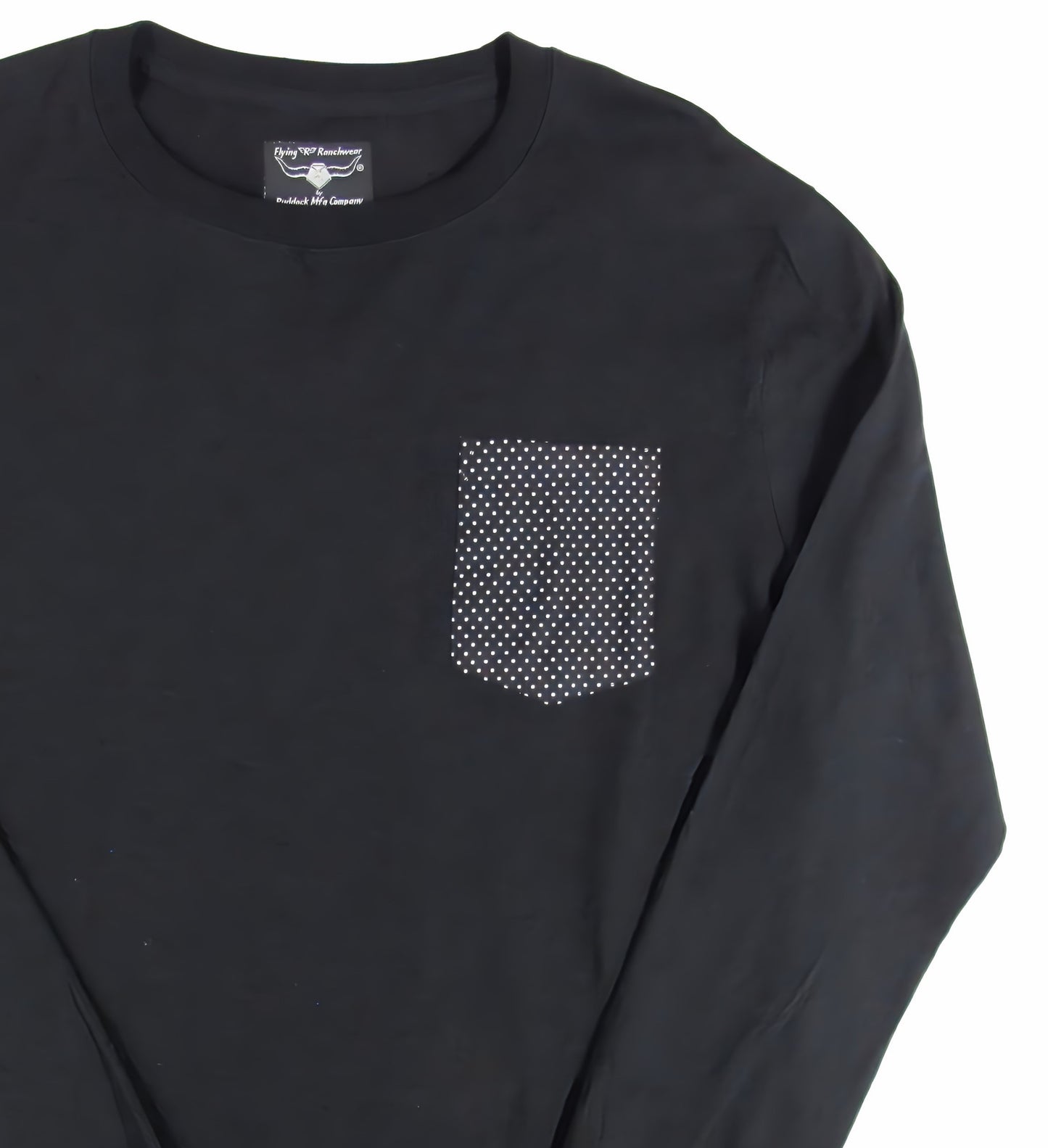 Long Sleeve Black T shirt with contrast pocket by Flying R Ranchwear Made in USA Ruddock Shirts El Paso TX