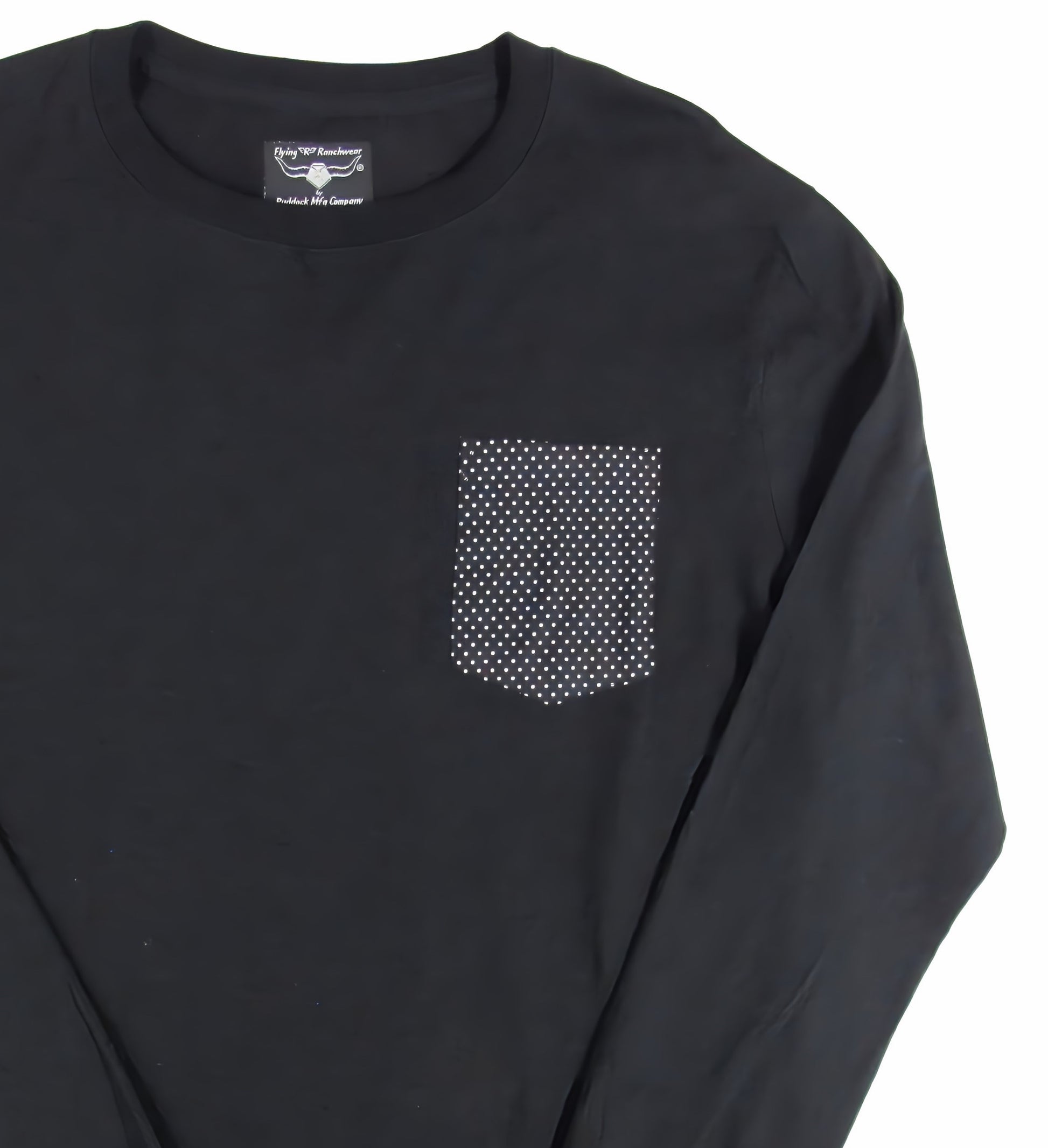 Long Sleeve Black T shirt with contrast pocket by Flying R Ranchwear Made in USA Ruddock Shirts El Paso TX