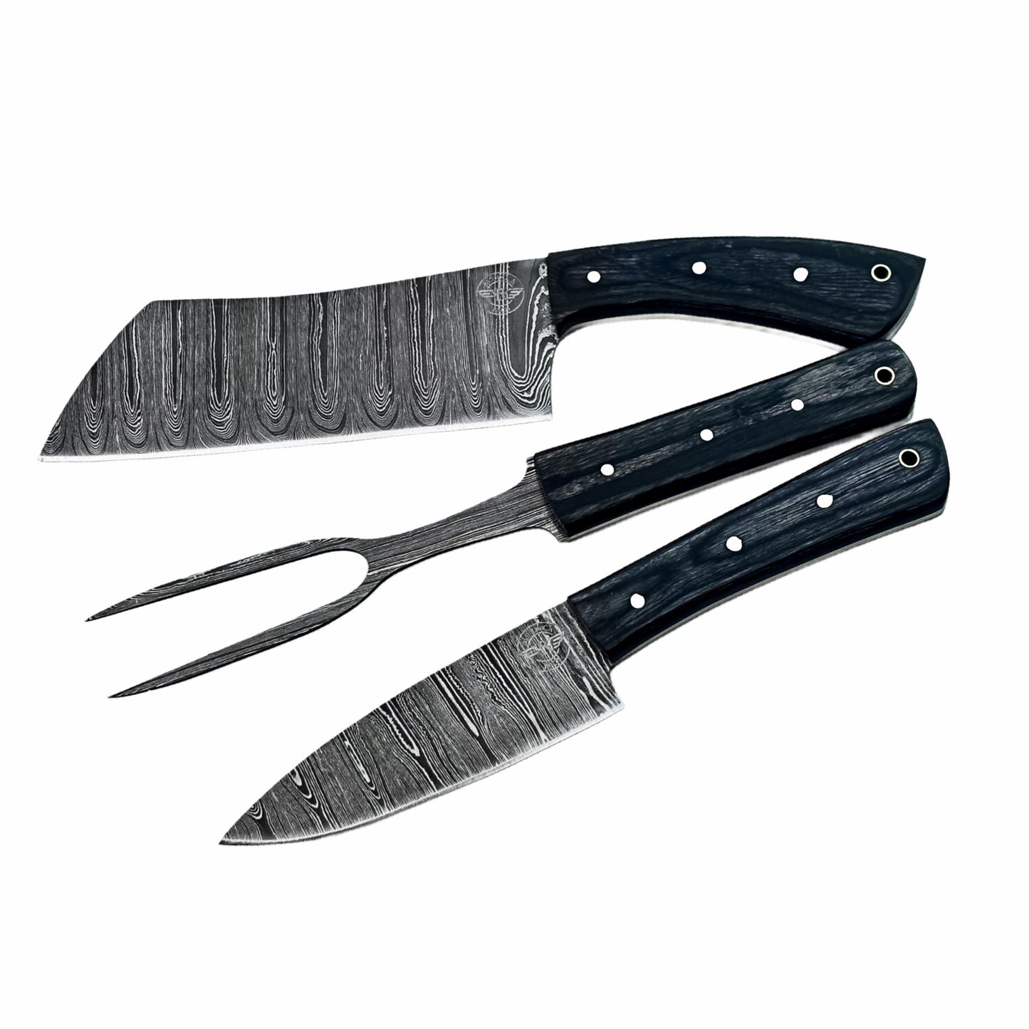 Three piece carving set with Damascus steel and black hardwood handles by Ruddock Bros