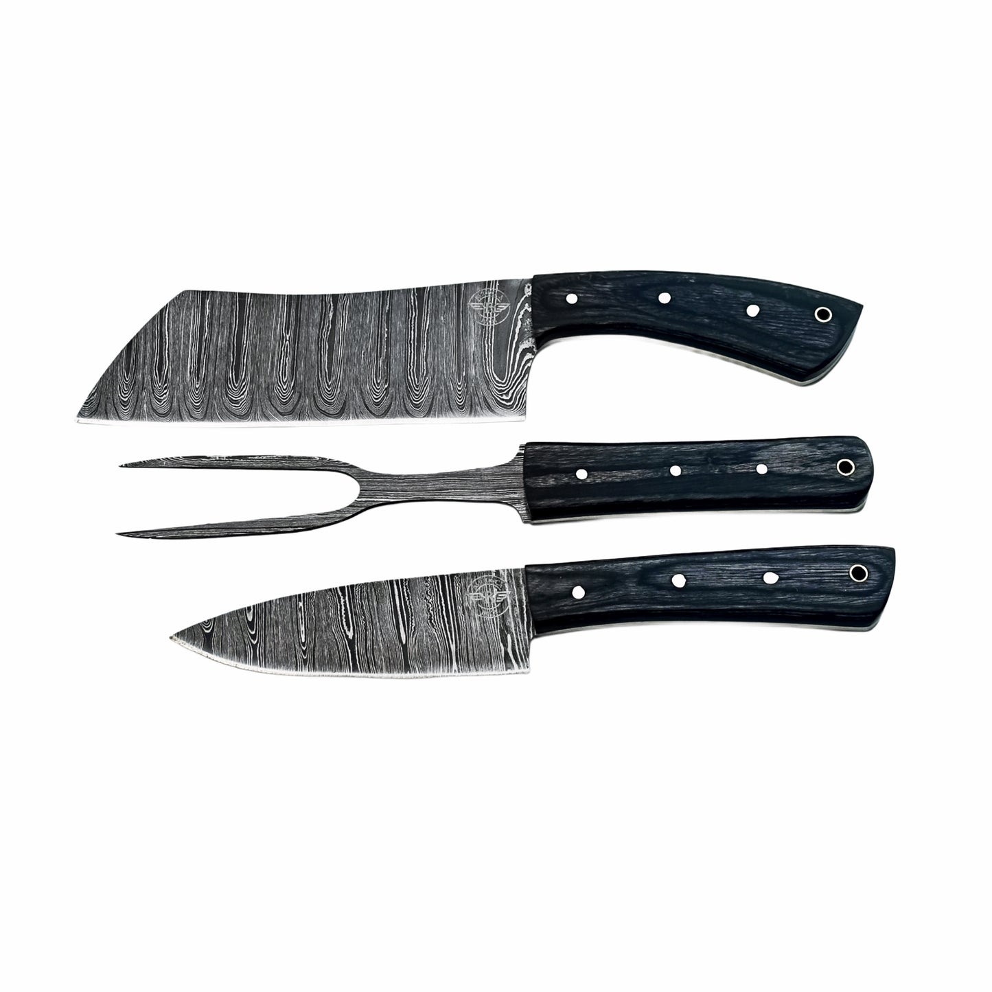 Three piece carving set with Damascus steel and black hardwood handles by Ruddock Bros