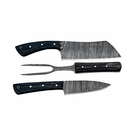 Three piece carving set with Damascus steel and black hardwood handles by Ruddock Bros