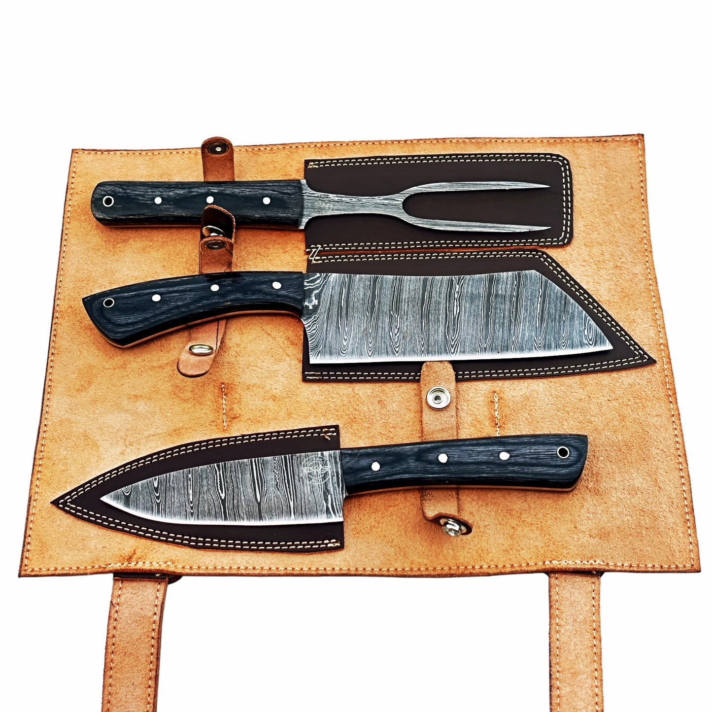 Three piece carving set with Damascus steel and black hardwood handles by Ruddock Bros