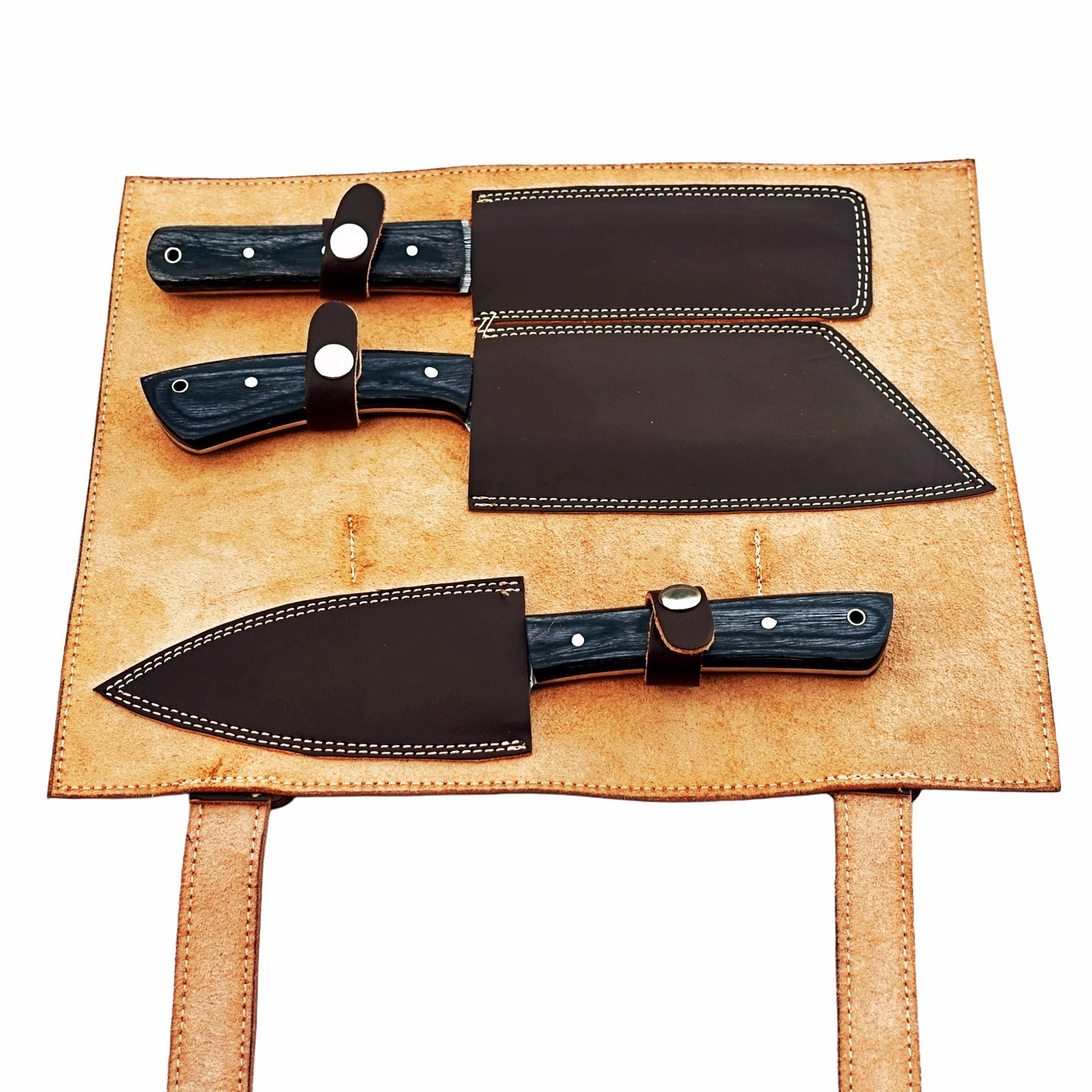 Three piece carving set with Damascus steel and black hardwood handles by Ruddock Bros