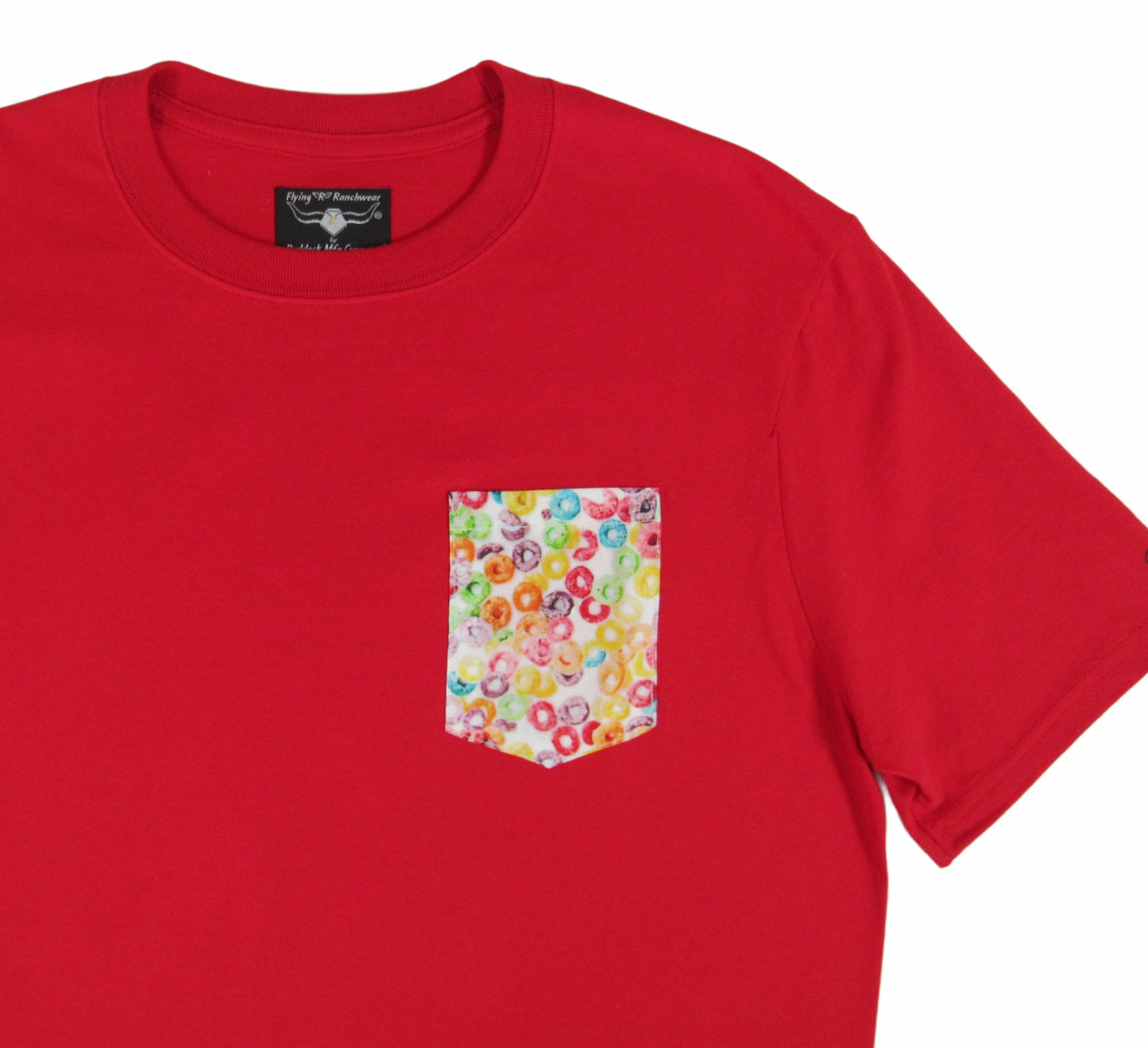 Patriot Red made in USA t shirt with cereal print on pocket Flying R Ranchwear Ruddock Shirts