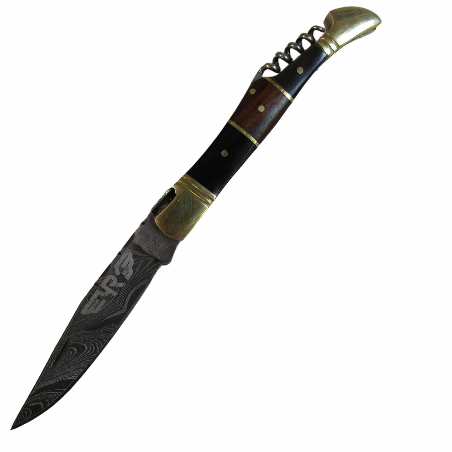 pocket knife by Ruddock Bros with hardwood handle and corkscrew Damascus steel El Paso Texas