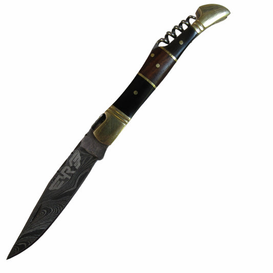 pocket knife by Ruddock Bros with hardwood handle and corkscrew Damascus steel El Paso Texas