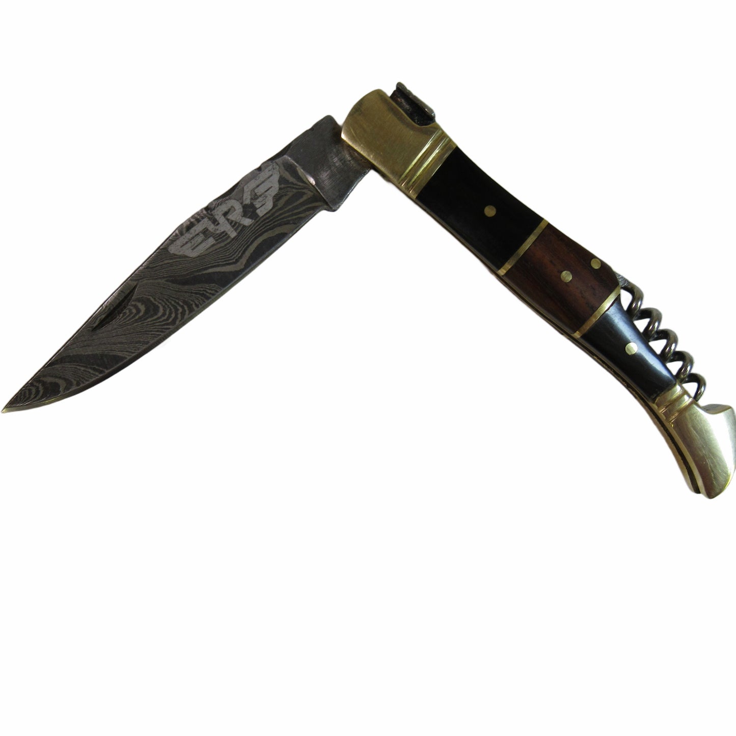 pocket knife by Ruddock Bros with hardwood handle and corkscrew Damascus steel El Paso Texas