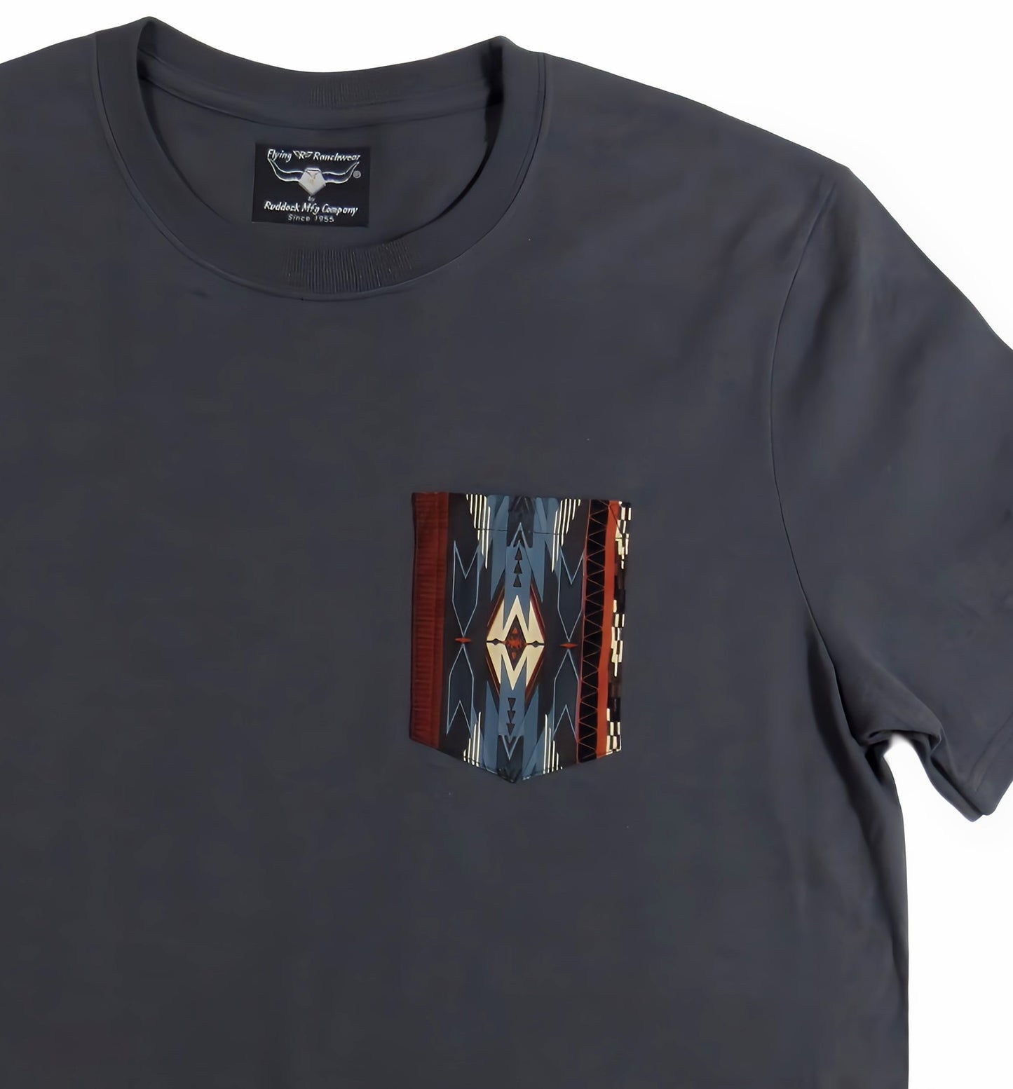 Gray made in USA t shirt with southwest print on pocket Flying R Ranchwear Ruddock Shirts