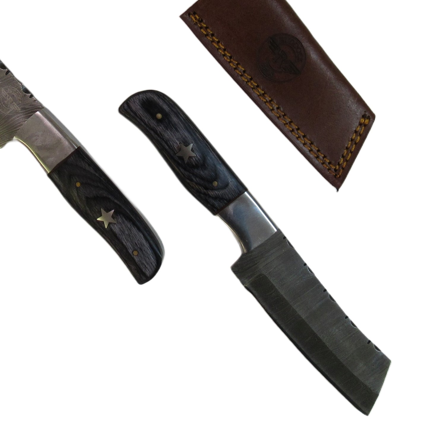 skinner knife with bull blade in Damascus steel and black hardwood handle by Ruddock Bros El Paso Texas