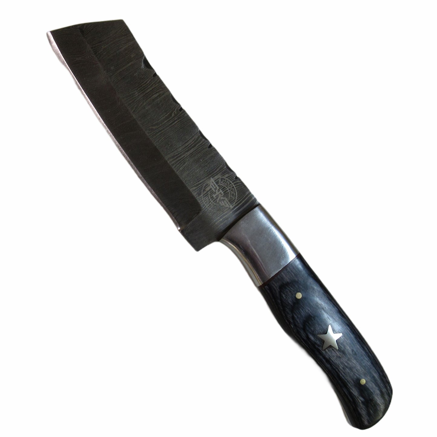 skinner knife with bull blade in Damascus steel and black hardwood handle by Ruddock Bros El Paso Texas