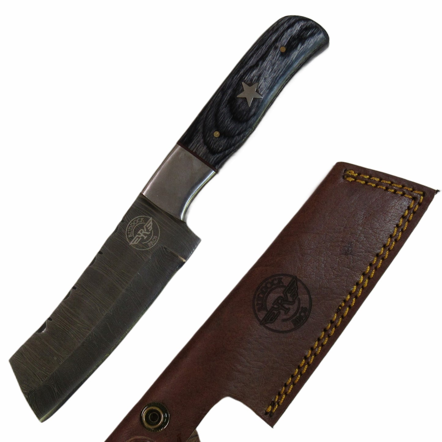 skinner knife with bull blade in Damascus steel and black hardwood handle by Ruddock Bros El Paso Texas