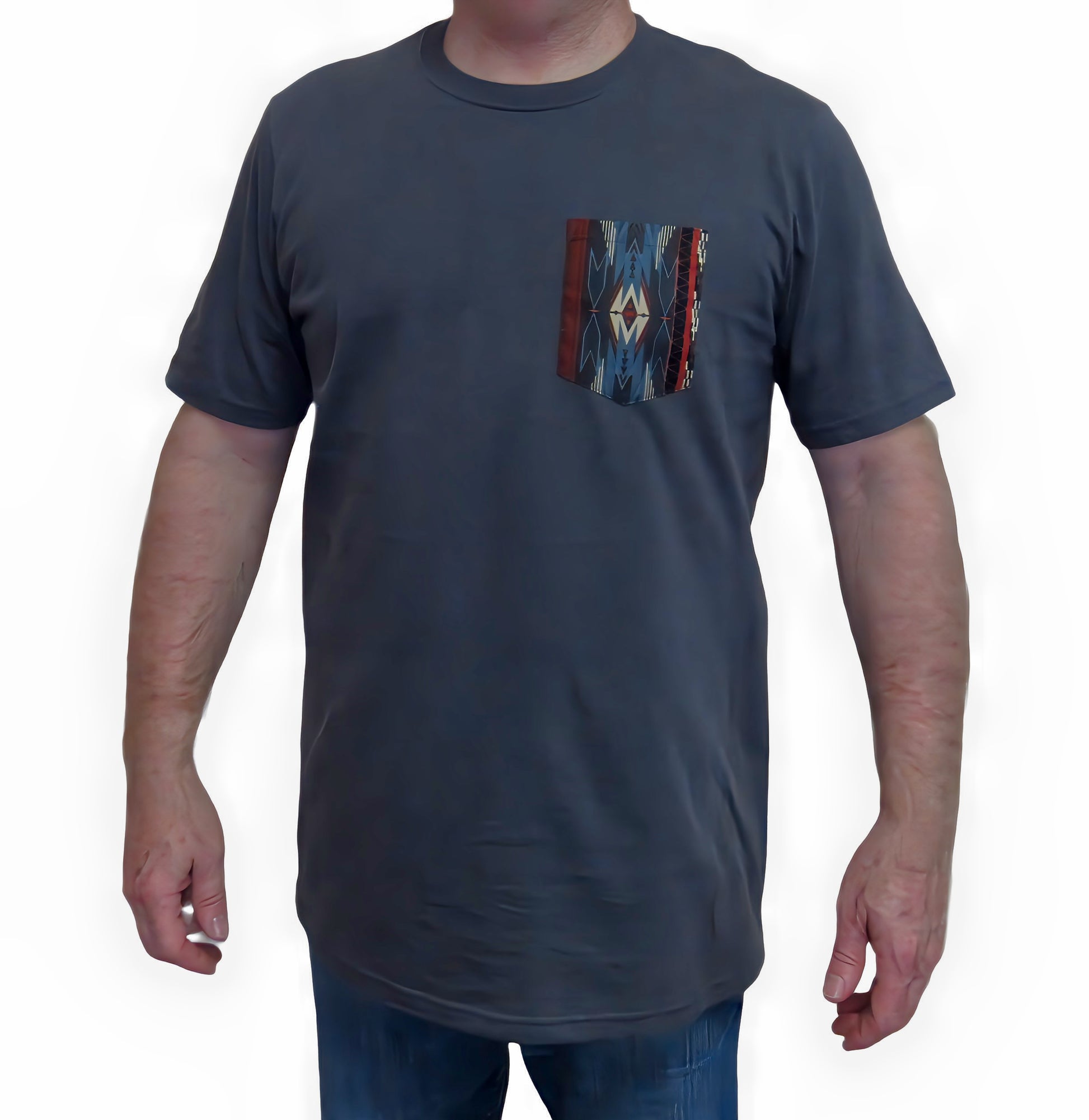 Gray made in USA t shirt with southwest print on pocket Flying R Ranchwear Ruddock Shirts