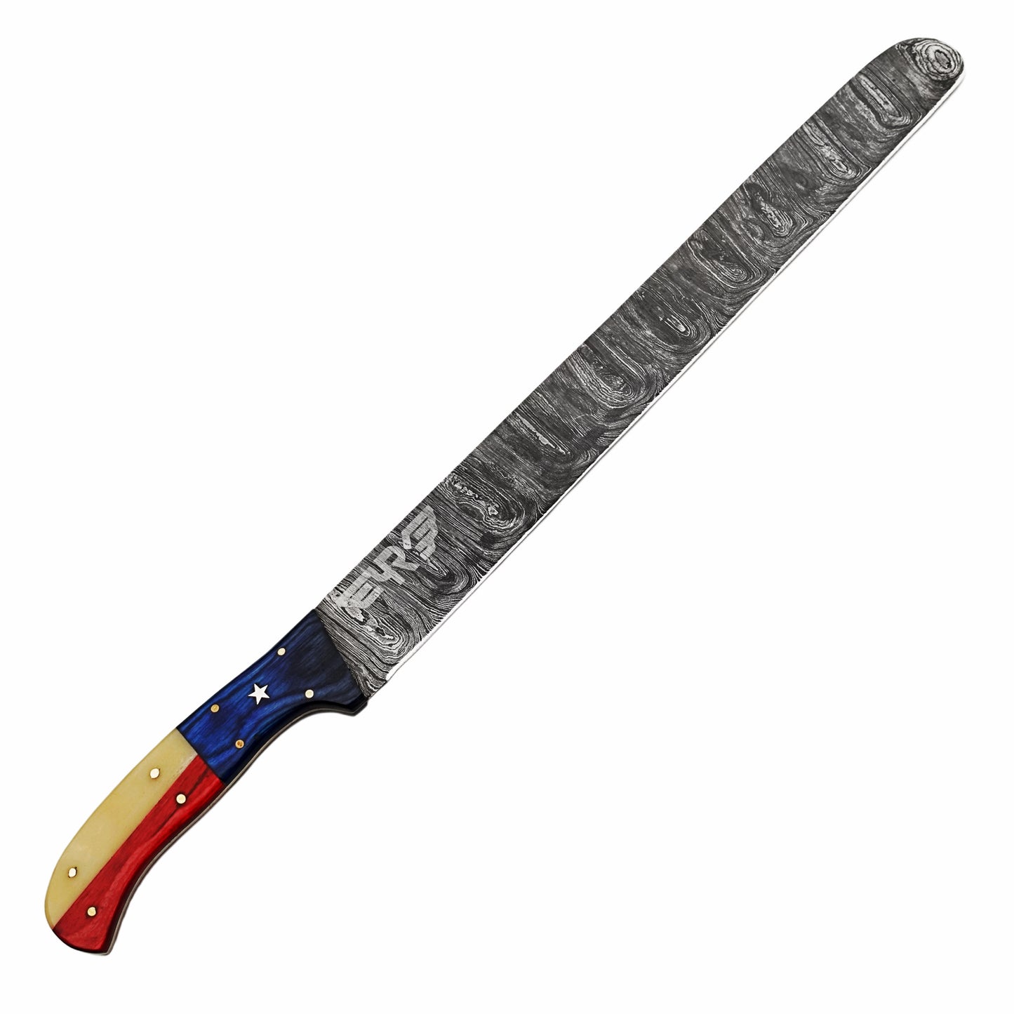 Damascus Steel 18" Texas brisket knife with lone star design hardwood and bone handle with leather carry pouch by Ruddock Bros El Paso Texas USA Ruddock Shirt