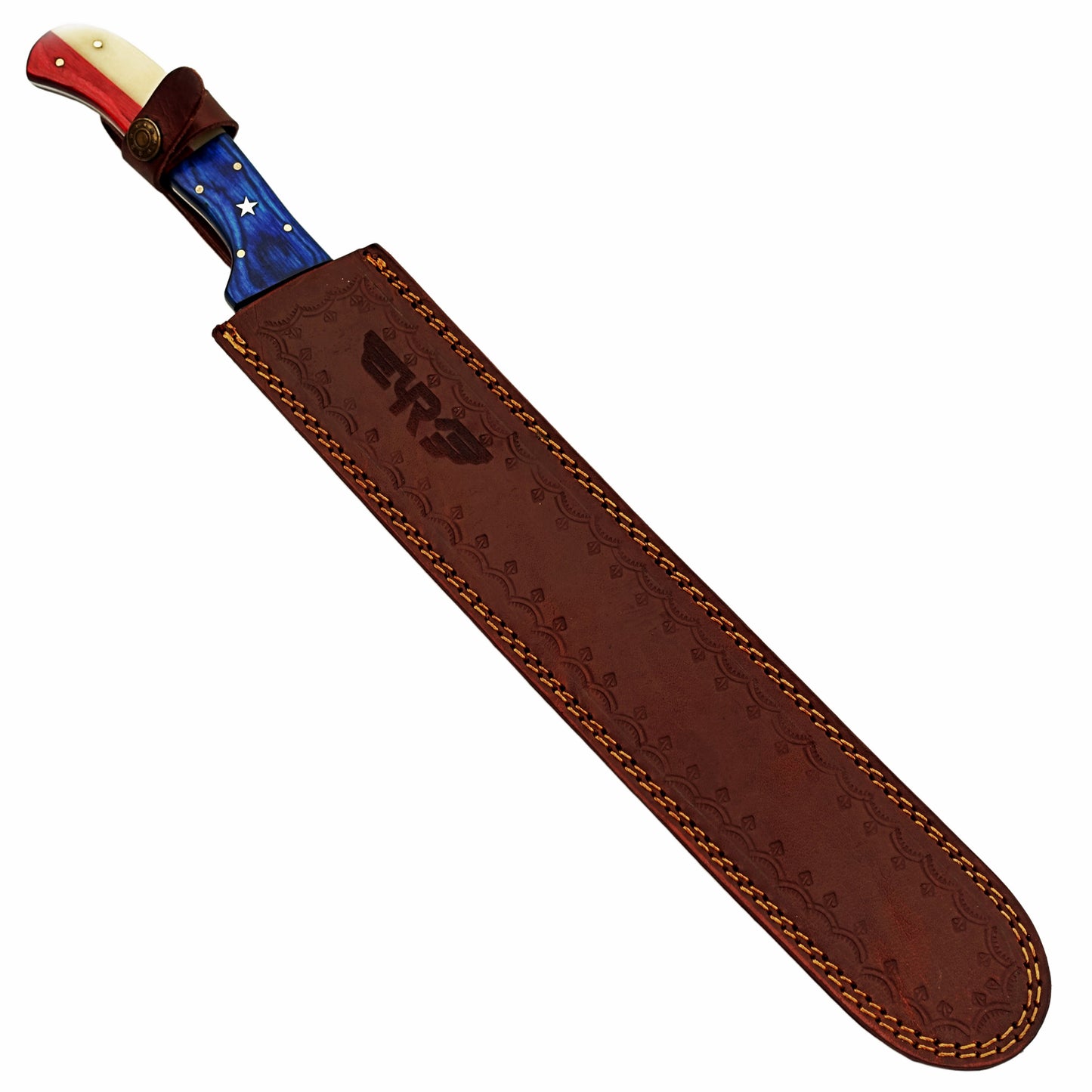 Damascus Steel 18" Texas brisket knife with lone star design hardwood and bone handle with leather carry pouch by Ruddock Bros El Paso Texas USA Ruddock Shirt