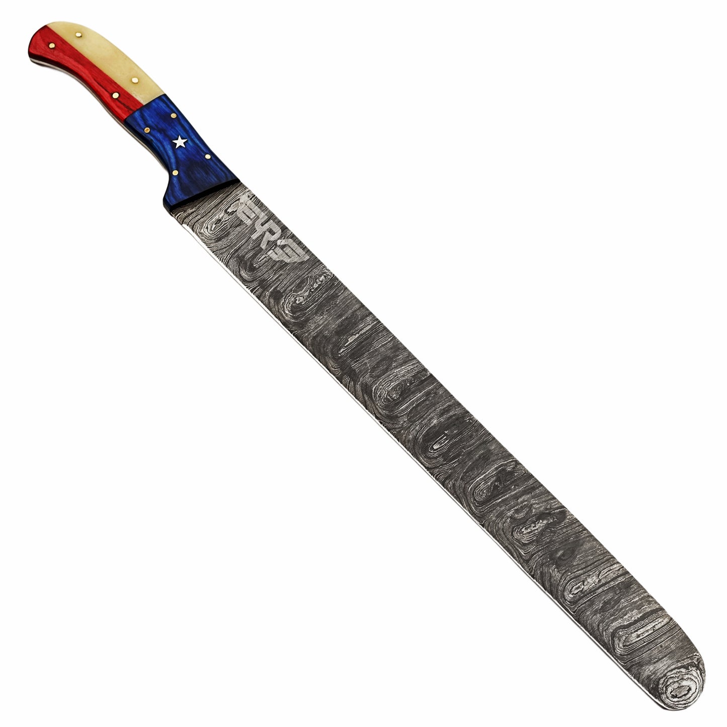 Damascus Steel 18" Texas brisket knife with lone star design hardwood and bone handle with leather carry pouch by Ruddock Bros El Paso Texas USA Ruddock Shirt