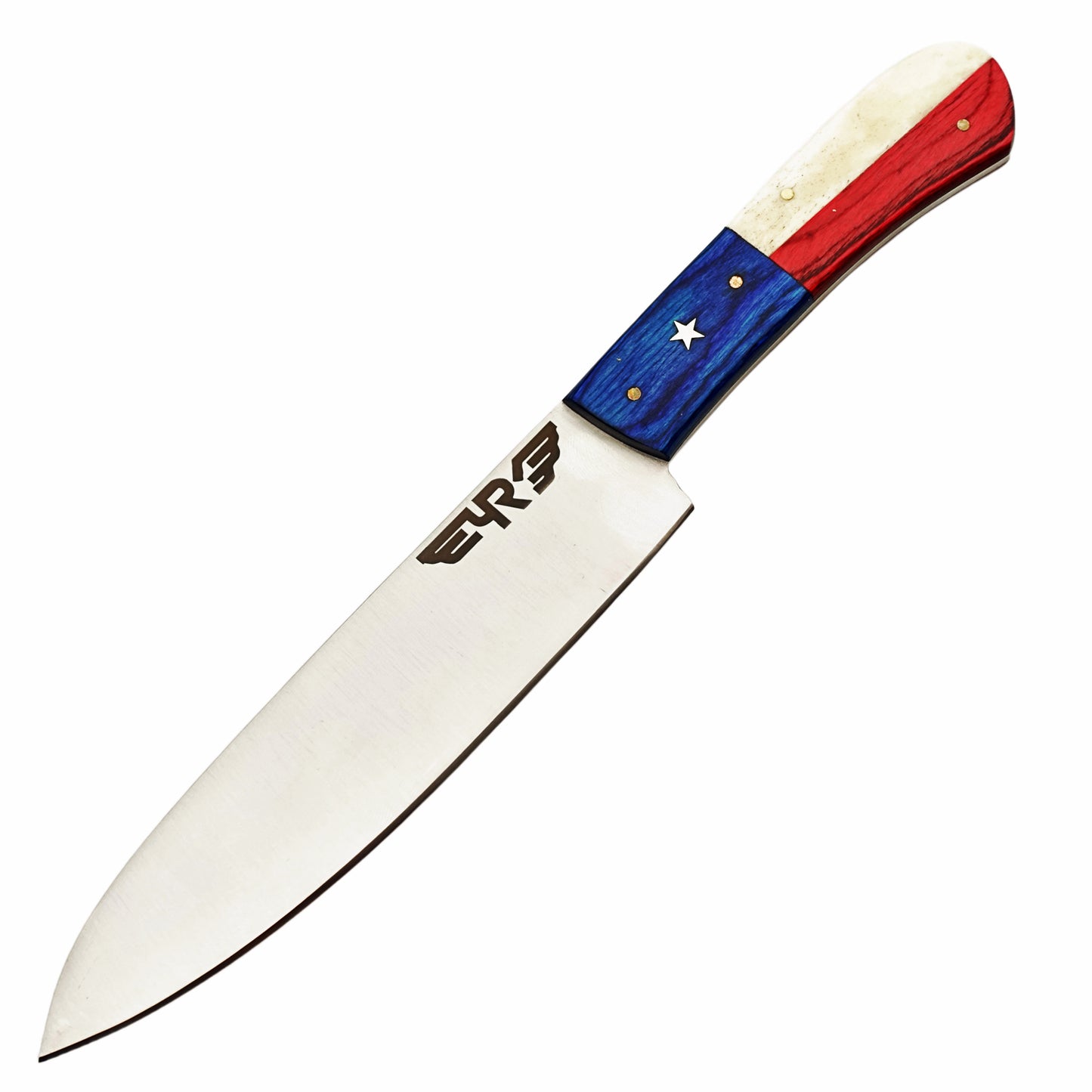 Lone Star chef knife with Stainless Steel Blade with handle made of bone and hardwood by Ruddock Bros El Paso Tx with leather sheath