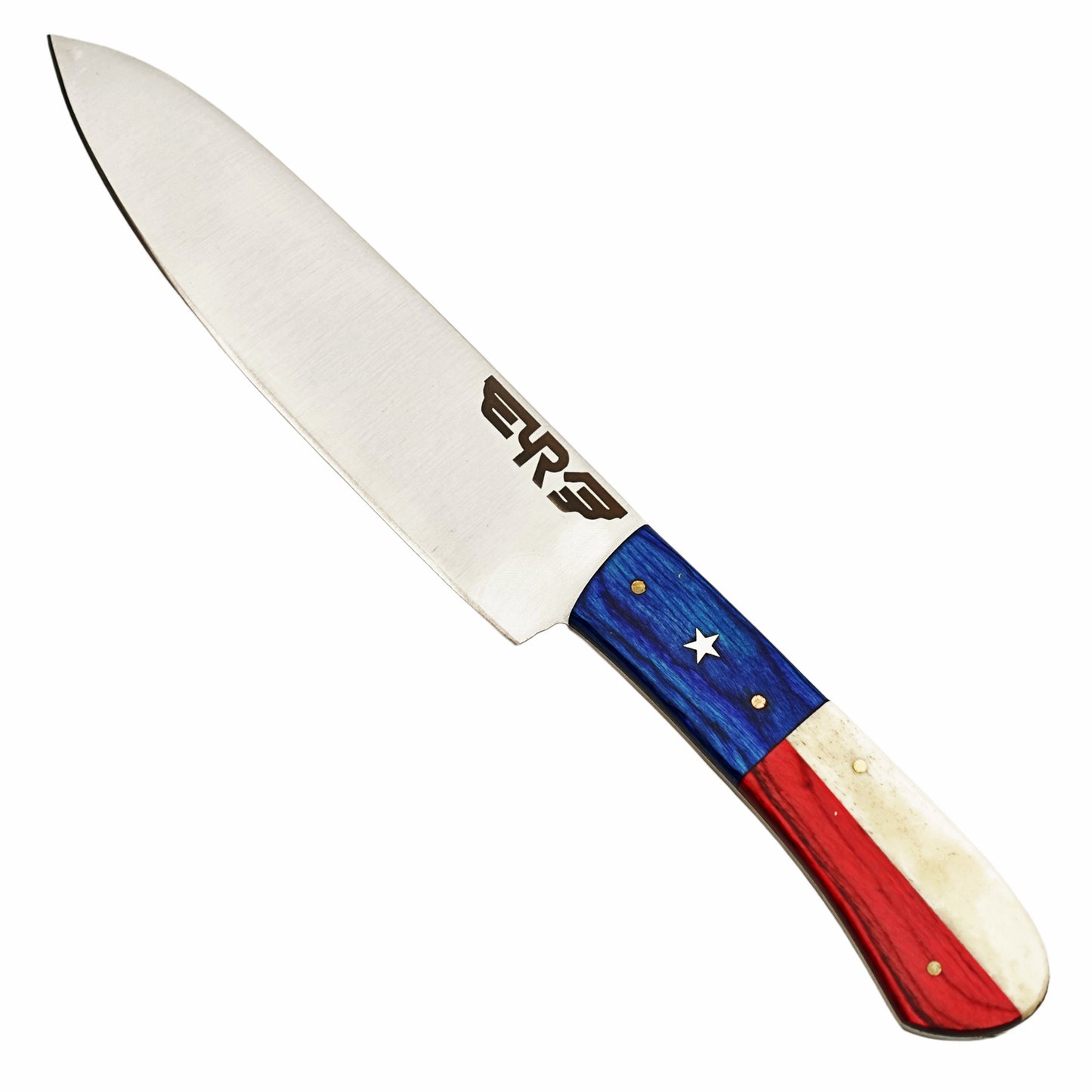 Lone Star chef knife with Stainless Steel Blade with handle made of bone and hardwood by Ruddock Bros El Paso Tx with leather sheath