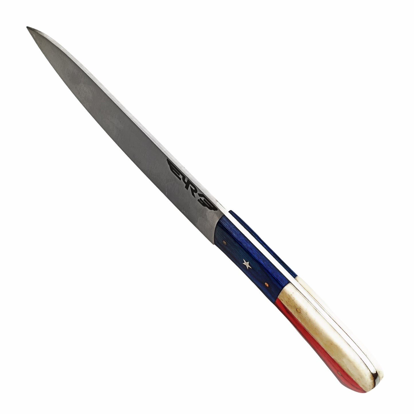 Lone Star chef knife with Stainless Steel Blade with handle made of bone and hardwood by Ruddock Bros El Paso Tx with leather sheath