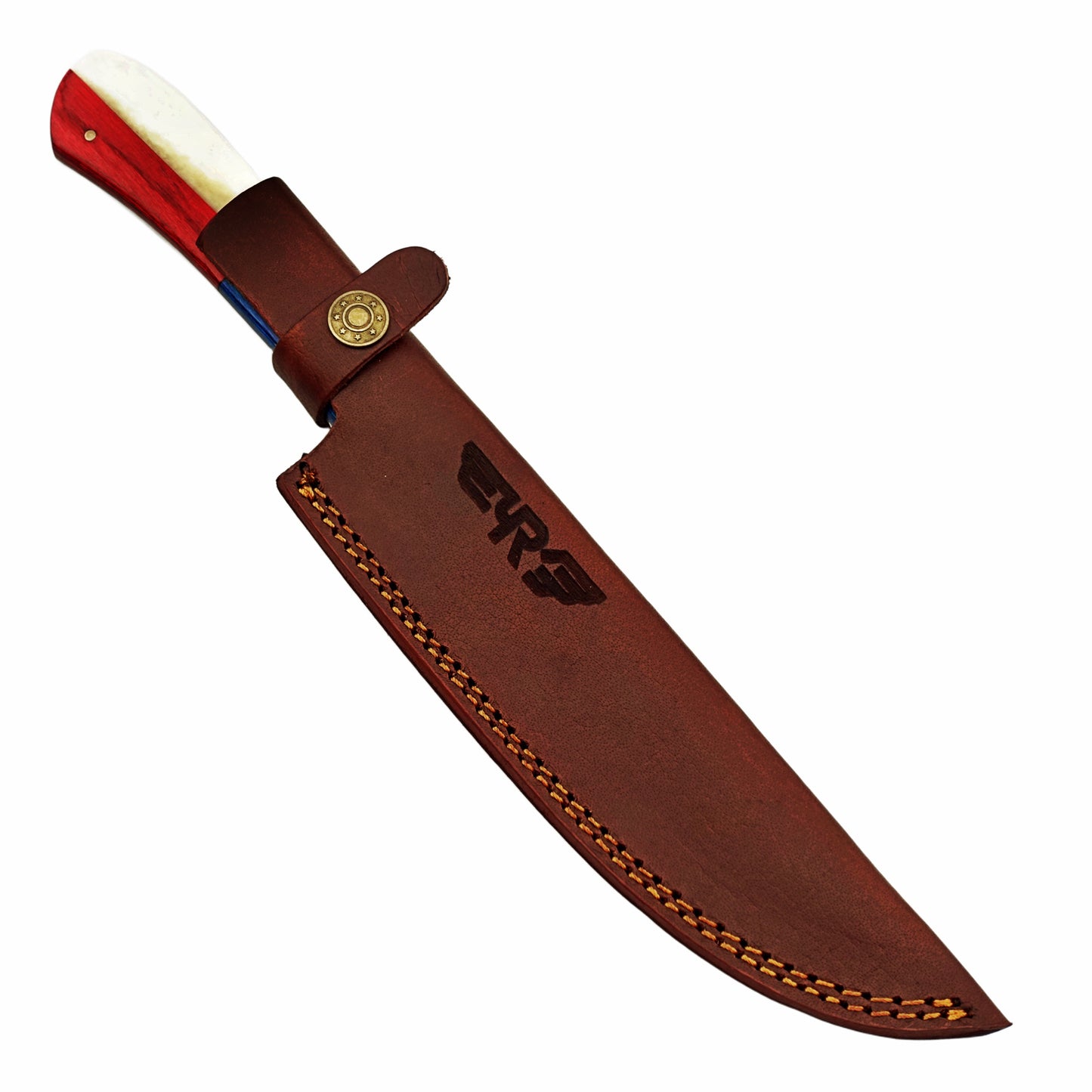 Lone Star chef knife with Stainless Steel Blade with handle made of bone and hardwood by Ruddock Bros El Paso Tx with leather sheath