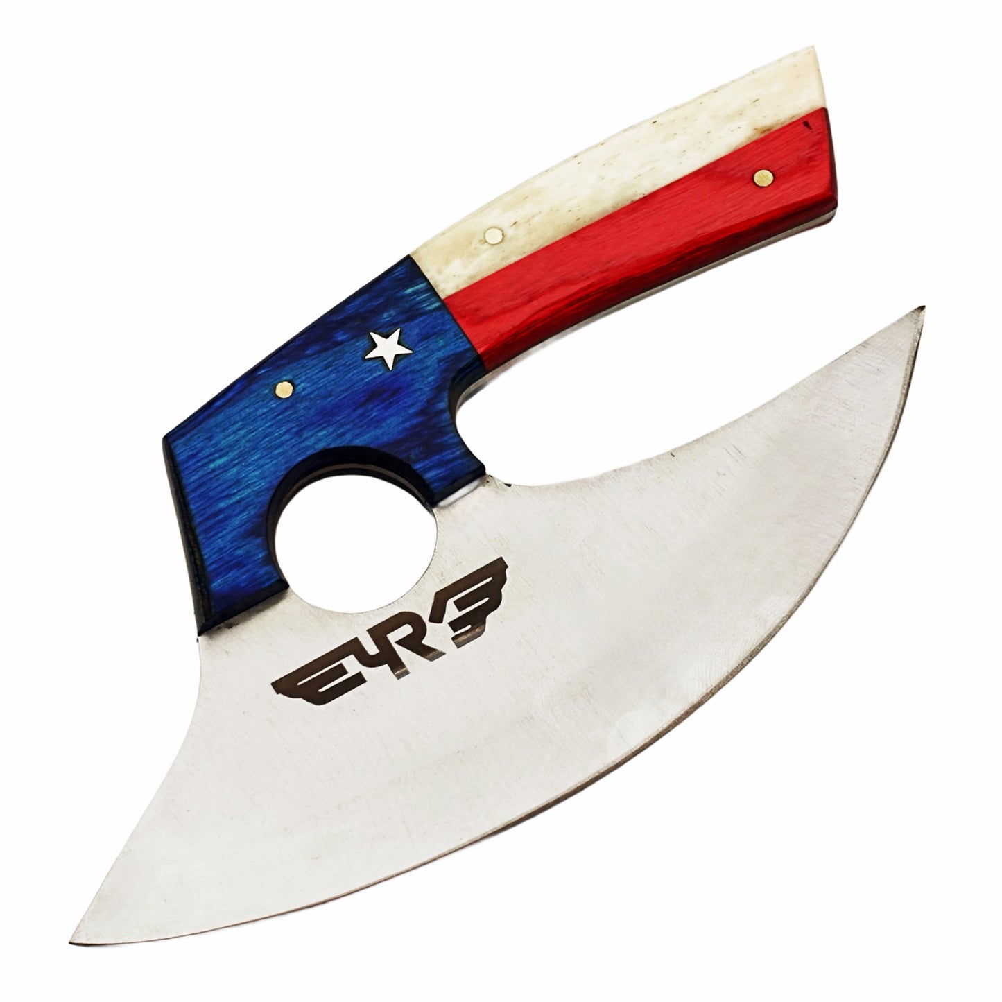 Stainless steel ulu rounded blade knife with lone star handle made with bone and hardwood by Ruddock Bros El Paso Texas Ruddock Shirts with leather carry pouch