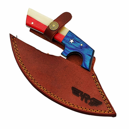Stainless steel ulu rounded blade knife with lone star handle made with bone and hardwood by Ruddock Bros El Paso Texas Ruddock Shirts with leather carry pouch