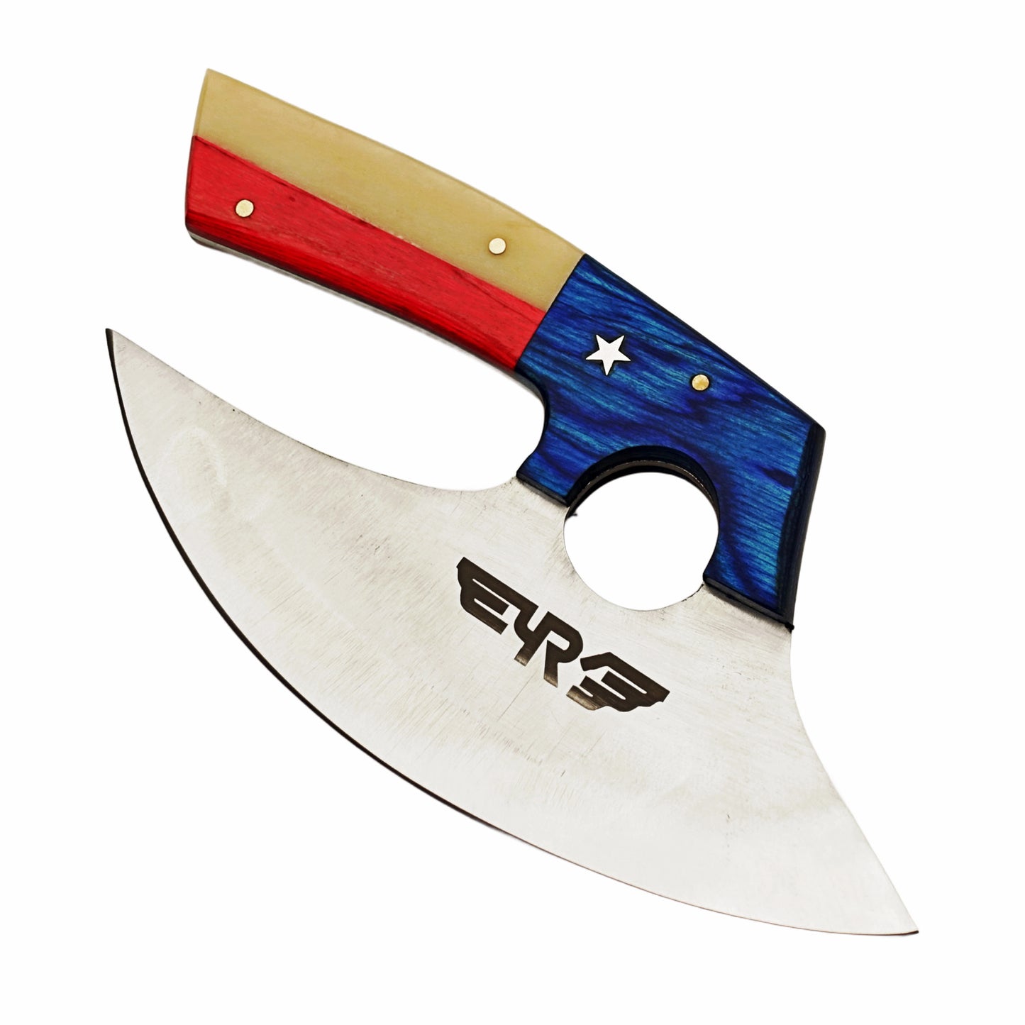 Stainless steel ulu rounded blade knife with lone star handle made with bone and hardwood by Ruddock Bros El Paso Texas Ruddock Shirts with leather carry pouch