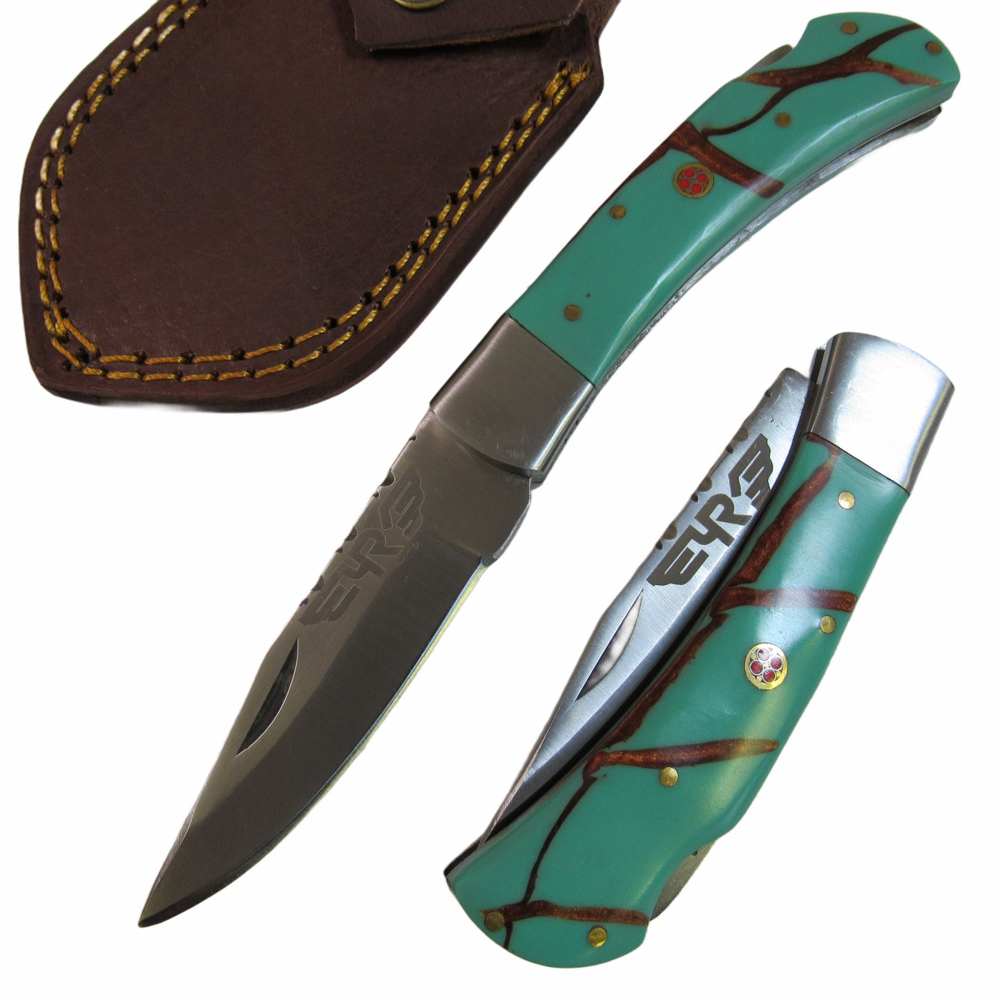 Turquoise colored resin handle knife with stainless steel blade by Ruddock Bros El Paso Texas