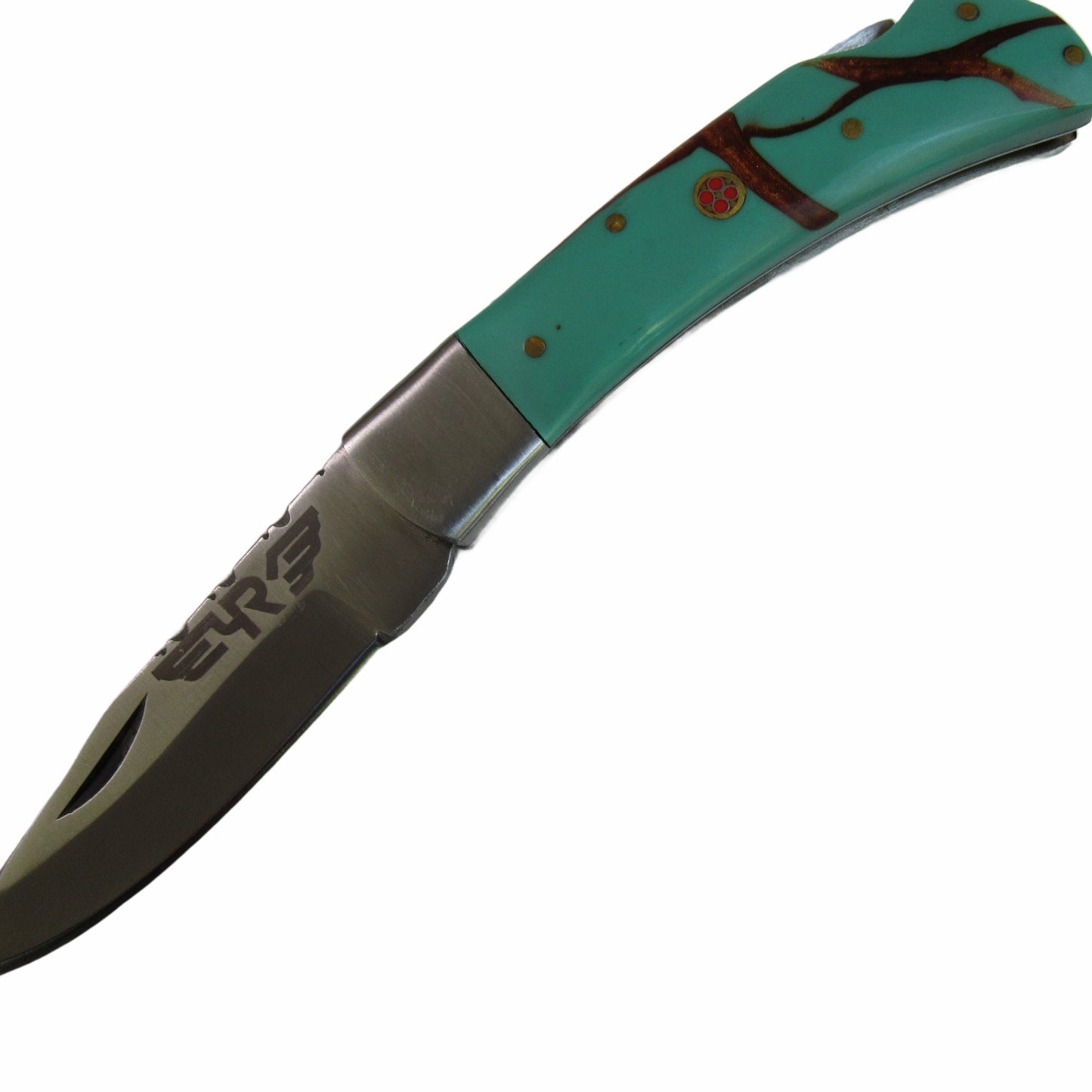 Turquoise colored resin handle knife with stainless steel blade by Ruddock Bros El Paso Texas
